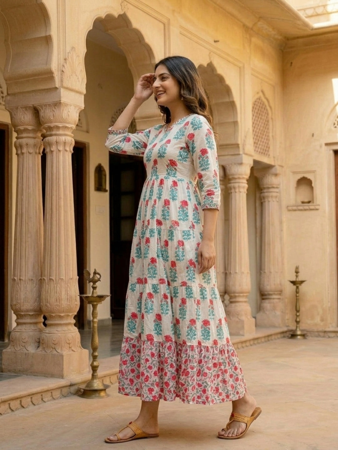 Floral Block Printed & Embroidered A-Line Pleated Maxi Dress - Off White