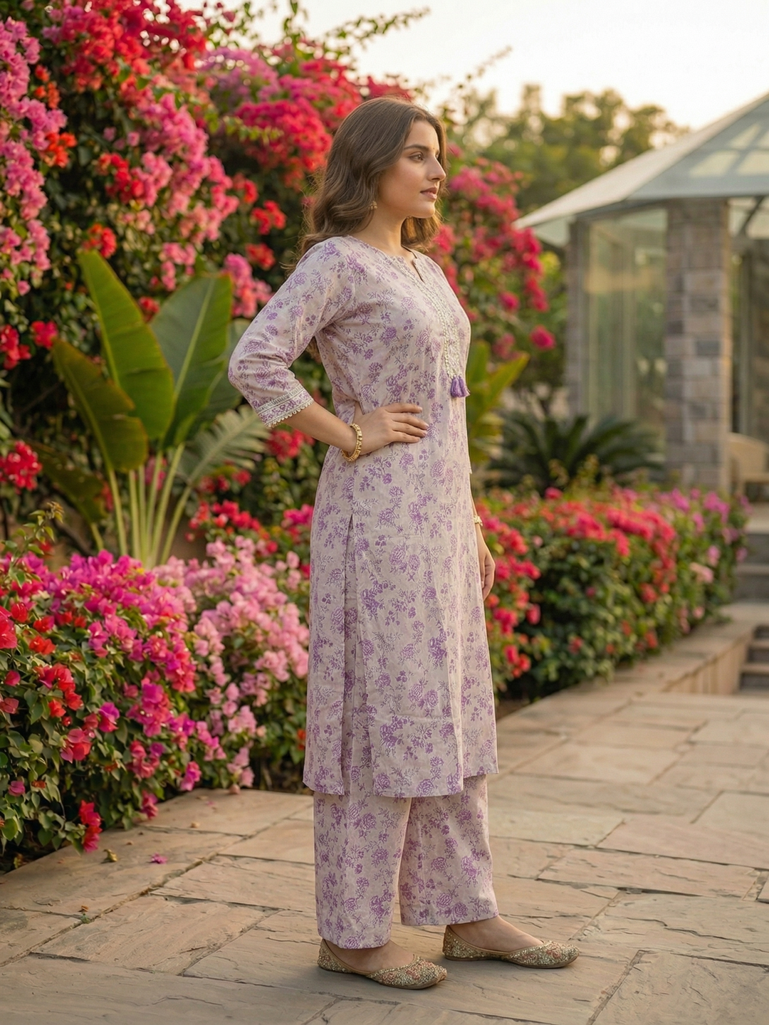 Floral Printed Straight Kurta with Palazzo - Lavender