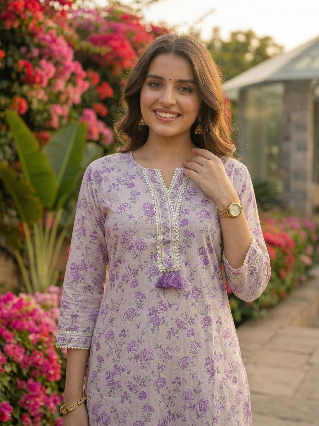 Floral Printed Straight Kurta with Palazzo - Lavender
