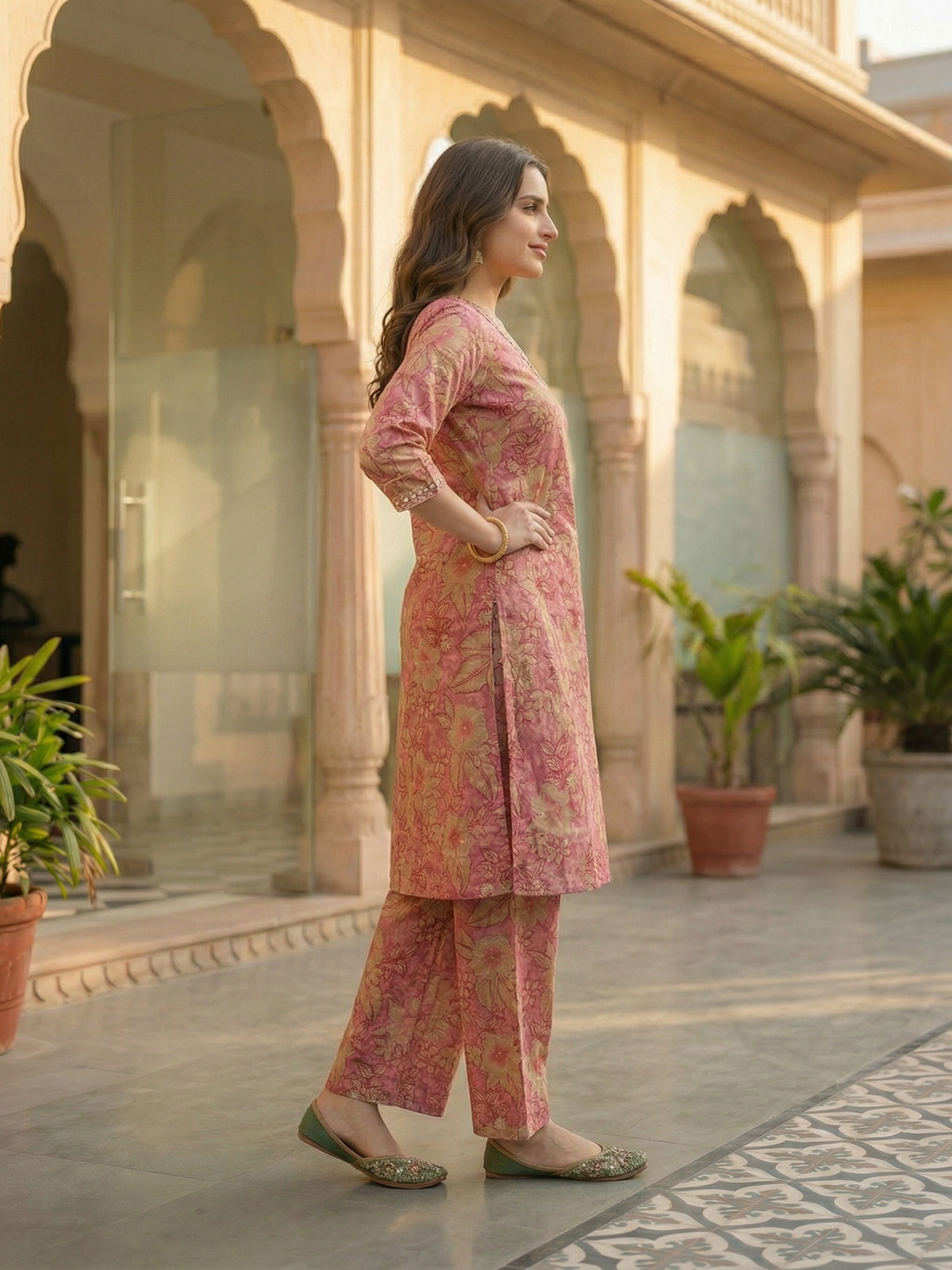 Floral Foil Printed & Embroidered A-Line Co-ord Set - Rose