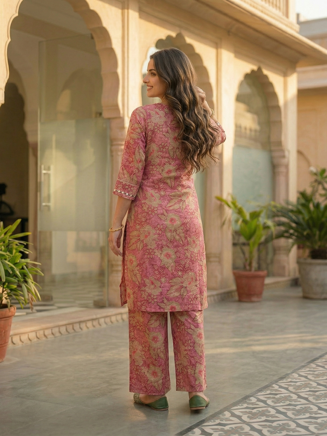 Floral Foil Printed & Embroidered A-Line Co-ord Set - Rose