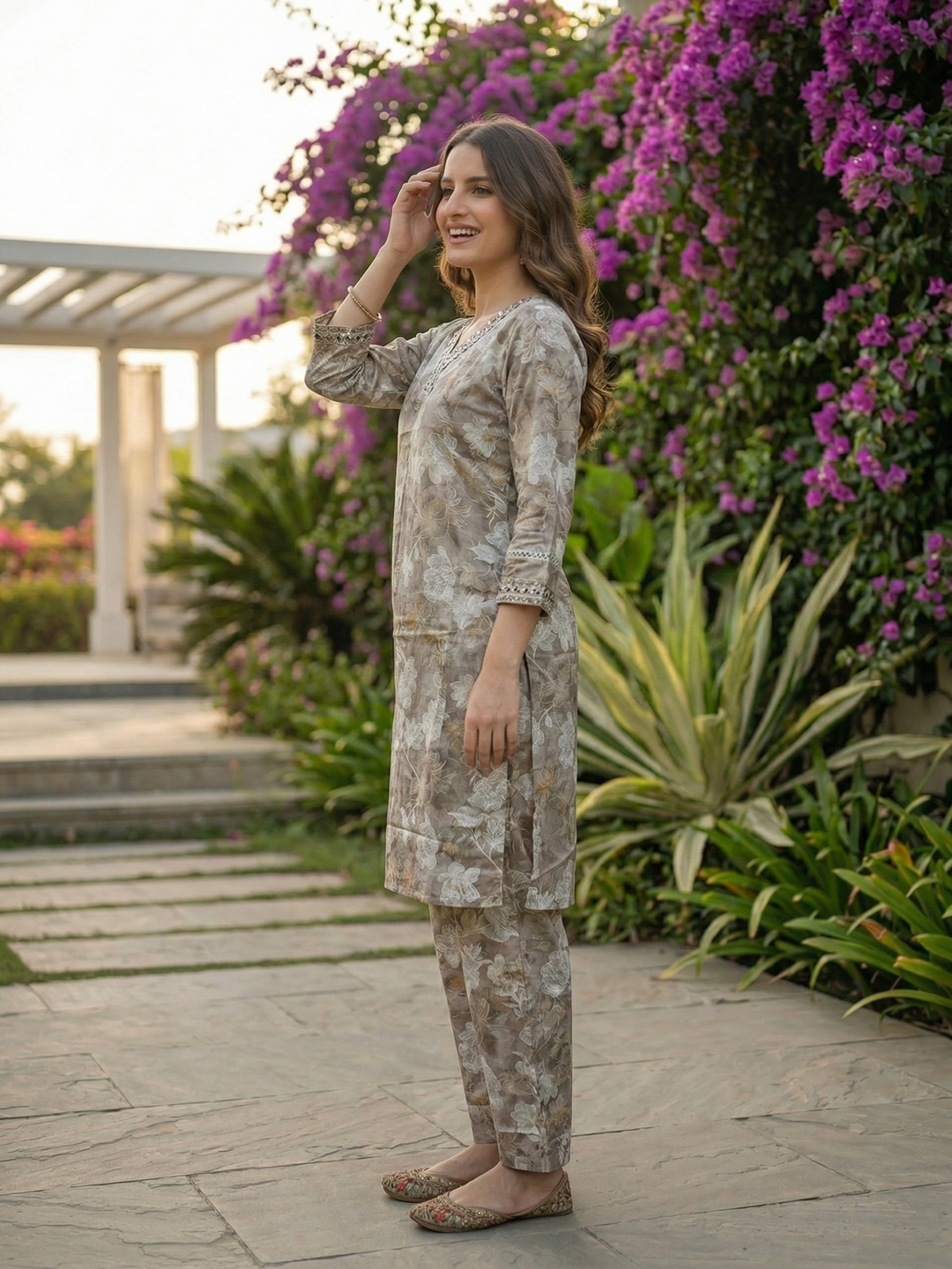 Floral Ethnic Printed & Mirror Work A-Line Kurta with Palazzo Co-ord Set - Grey