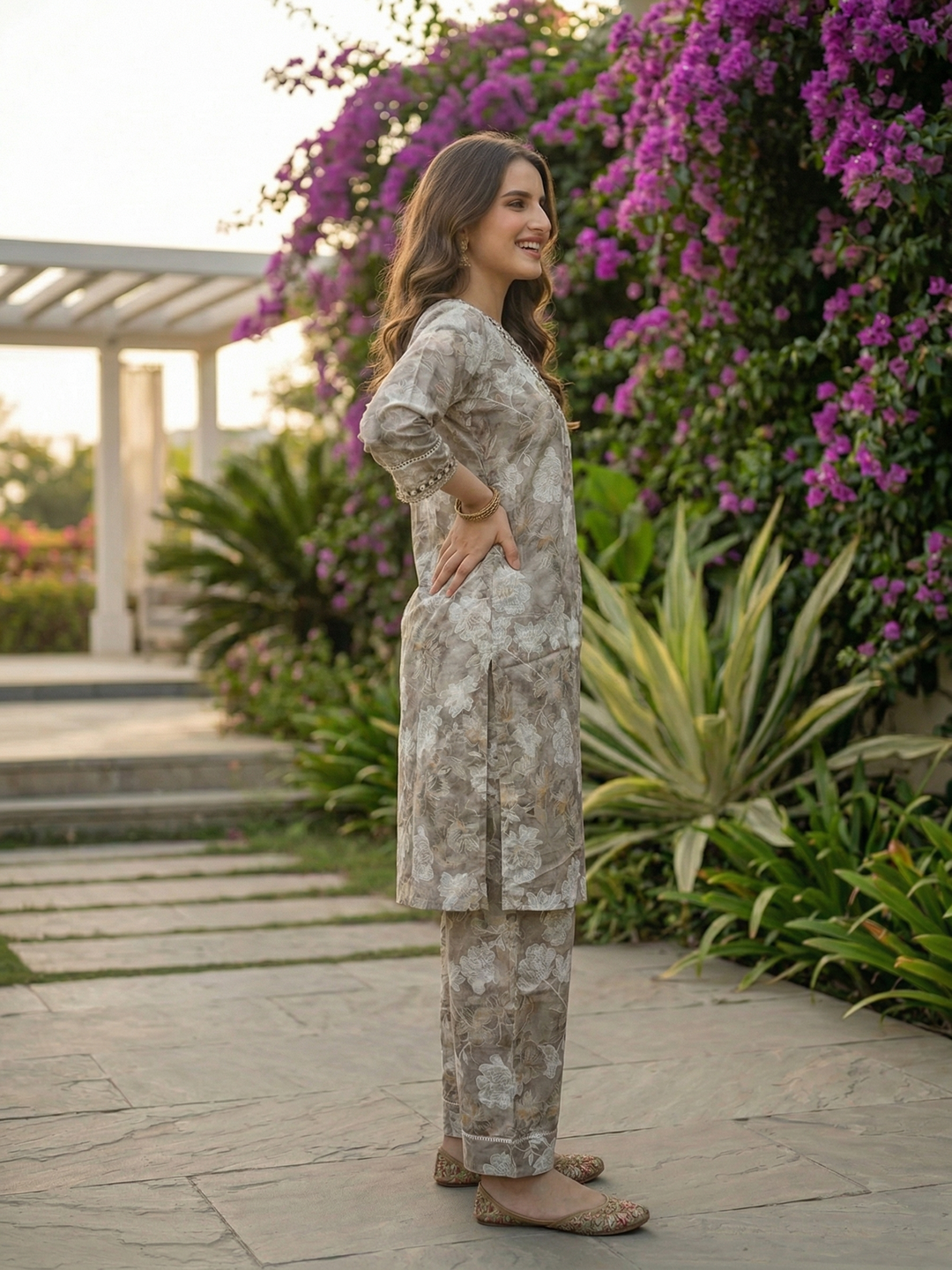 Floral Ethnic Printed & Mirror Work A-Line Kurta with Palazzo Co-ord Set - Grey