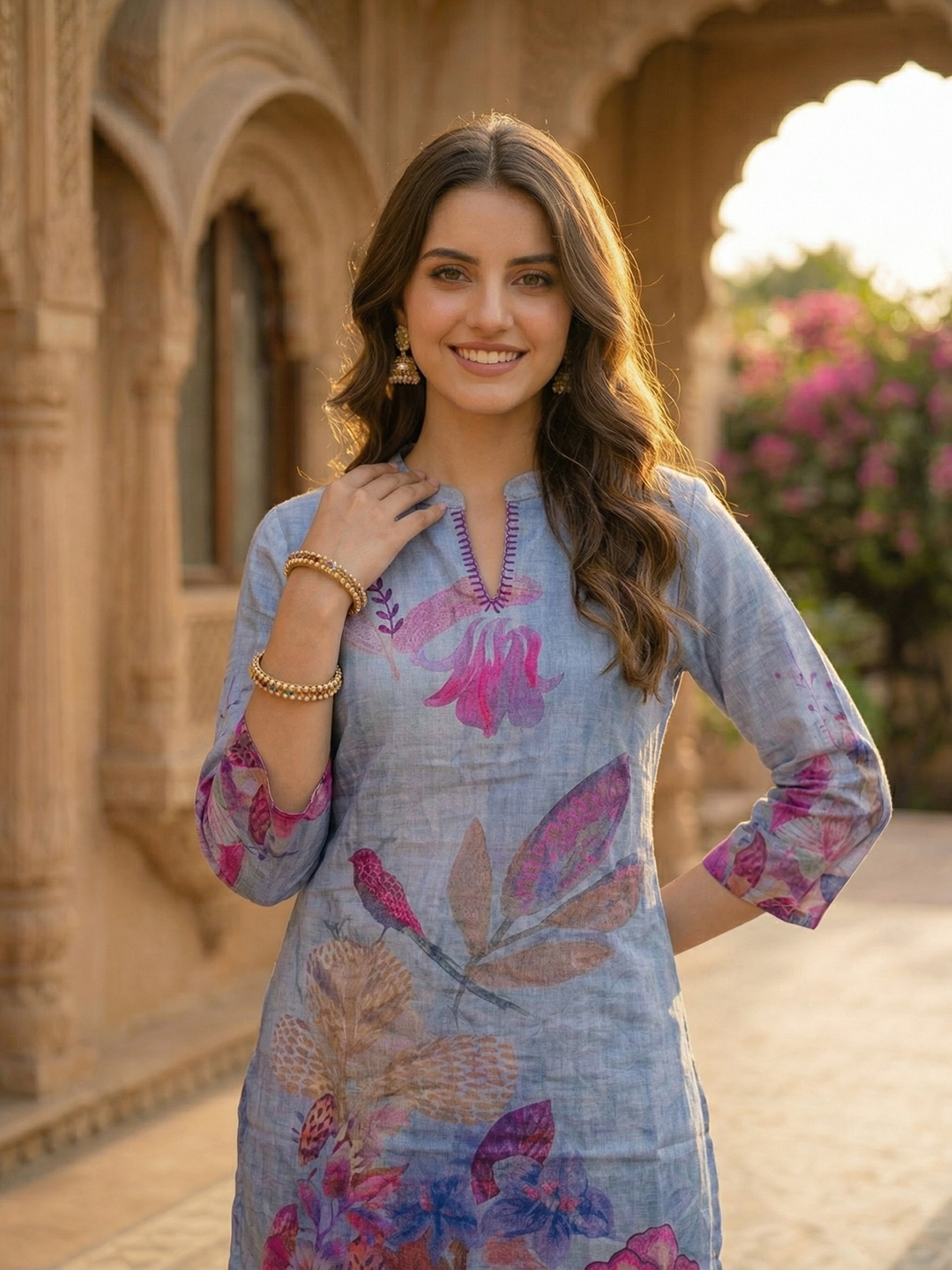Tropical Fauna Printed Straight Co-ord Set - Blue