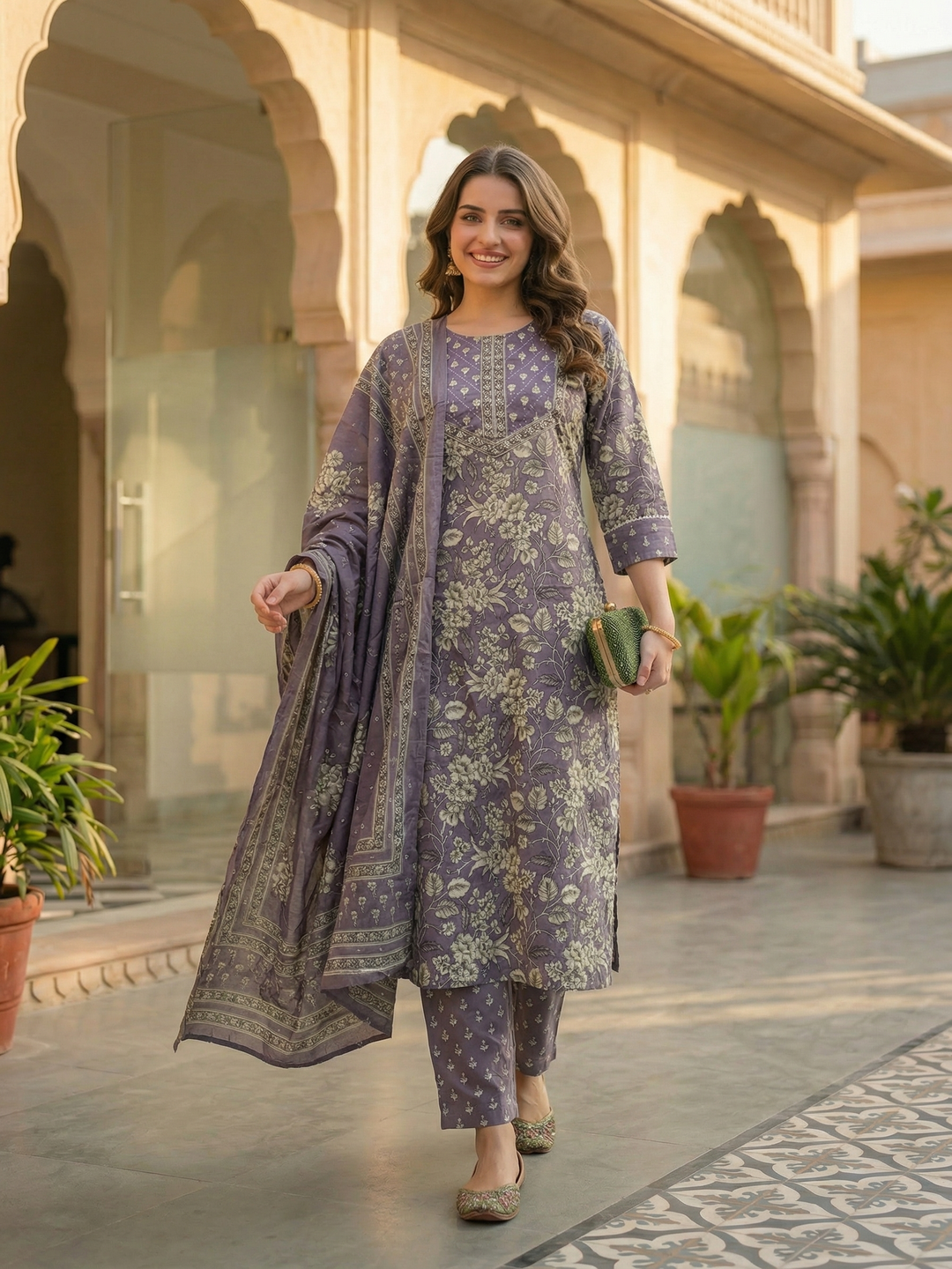 Floral Printed & Embroidered Straight Kurta with Pant & Dupatta - Lavender