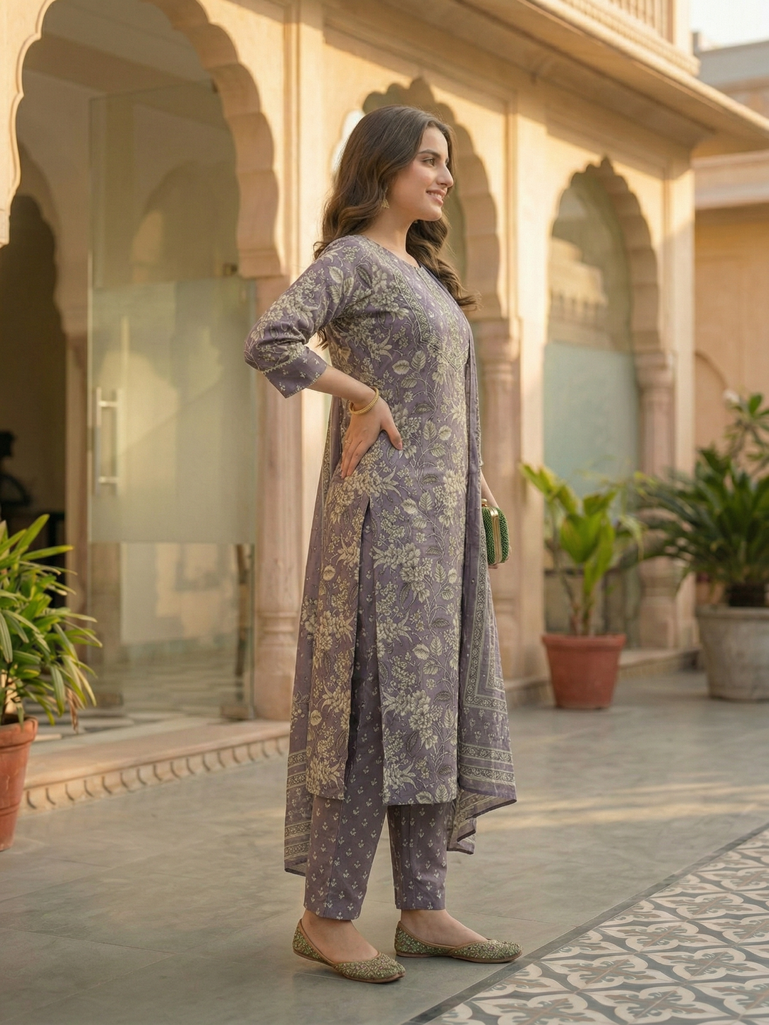 Floral Printed & Embroidered Straight Kurta with Pant & Dupatta - Lavender