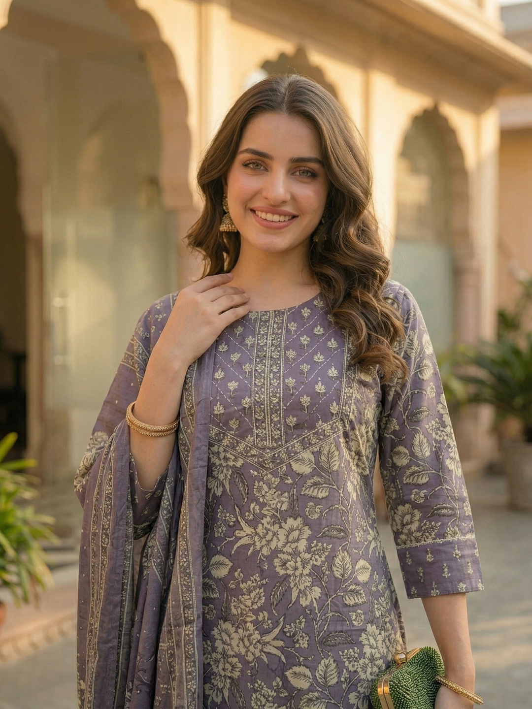 Floral Printed & Embroidered Straight Kurta with Pant & Dupatta - Lavender