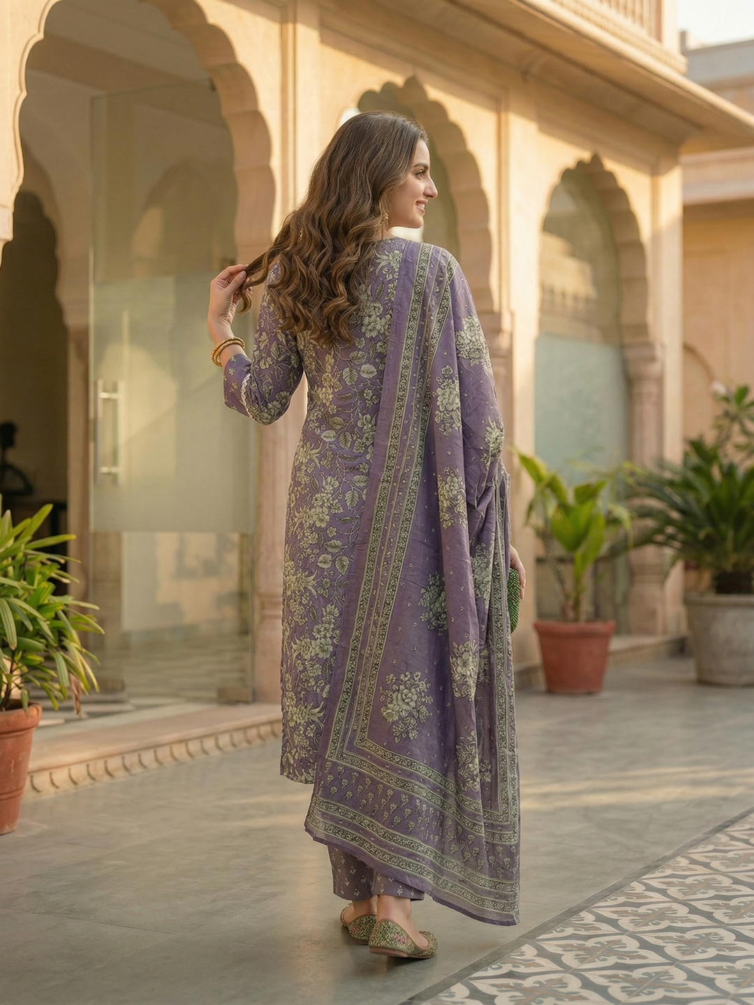 Floral Printed & Embroidered Straight Kurta with Pant & Dupatta - Lavender