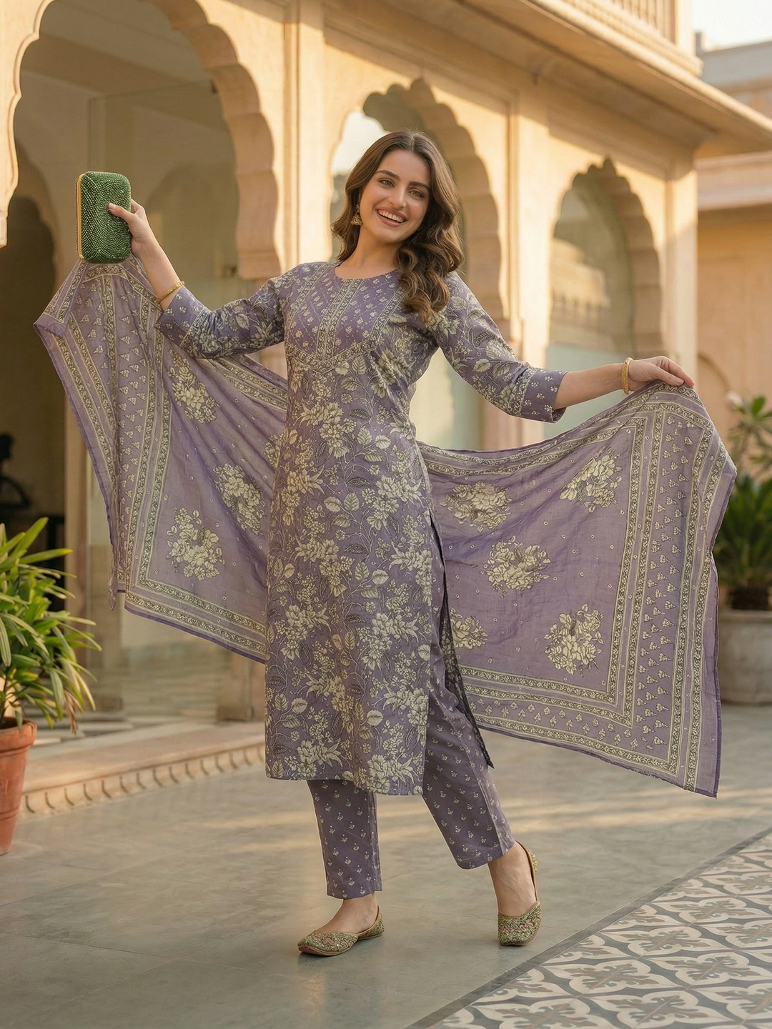 Floral Printed & Embroidered Straight Kurta with Pant & Dupatta - Lavender