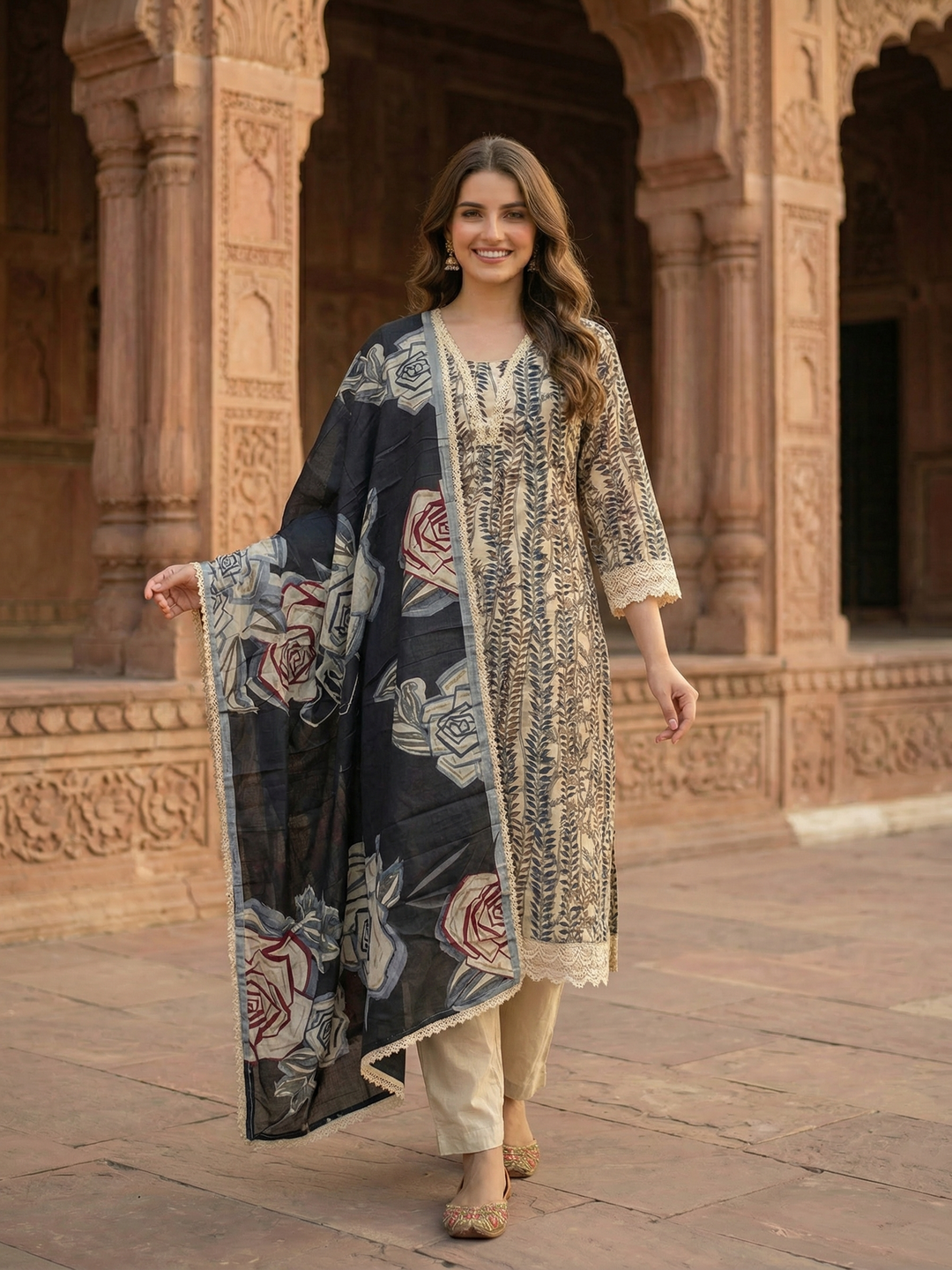 Floral Printed Straight Kurta with Pant & Dupatta - Cream & Black