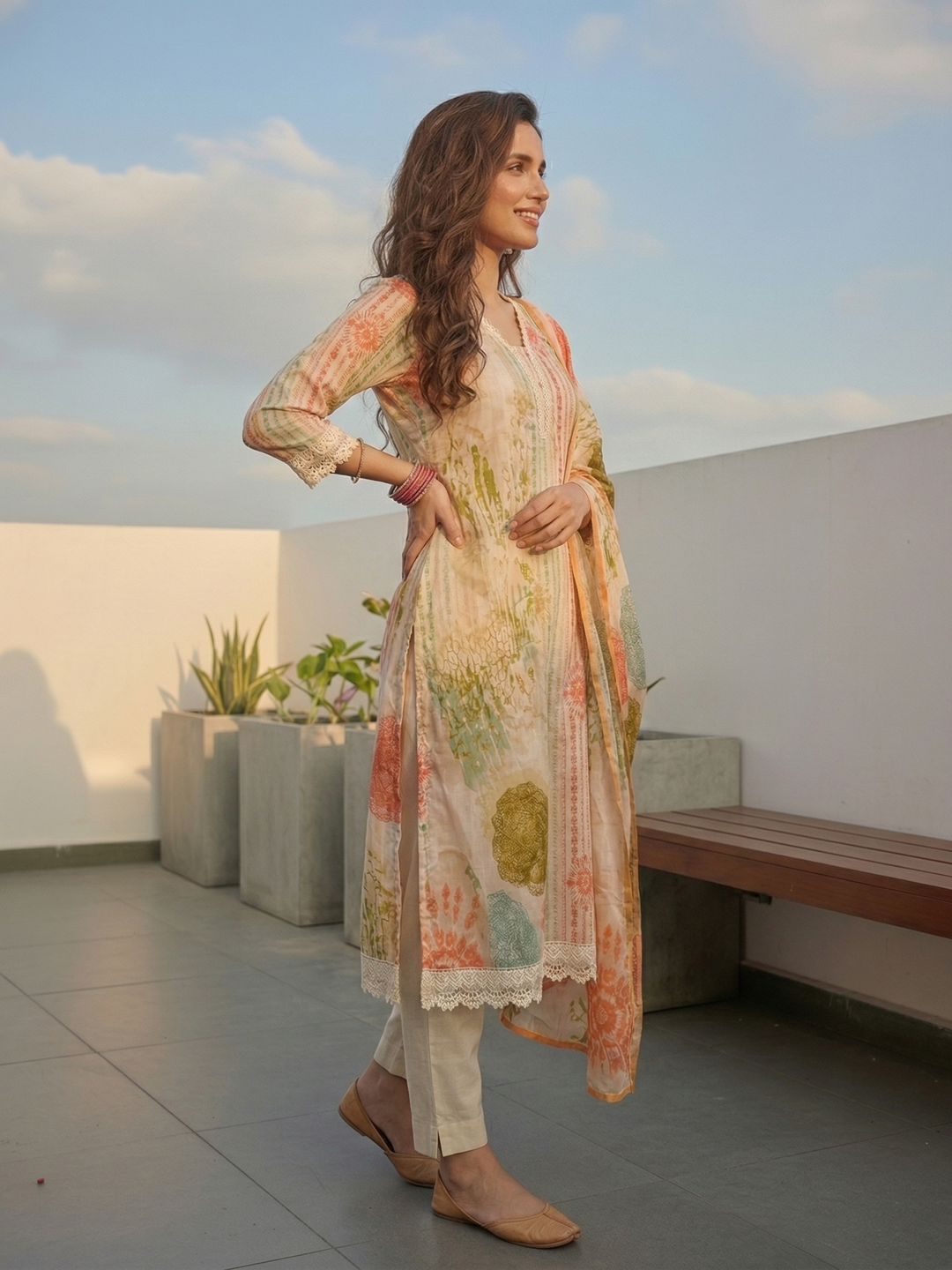 Floral Printed Straight Kurta with Pant & Dupatta - Cream