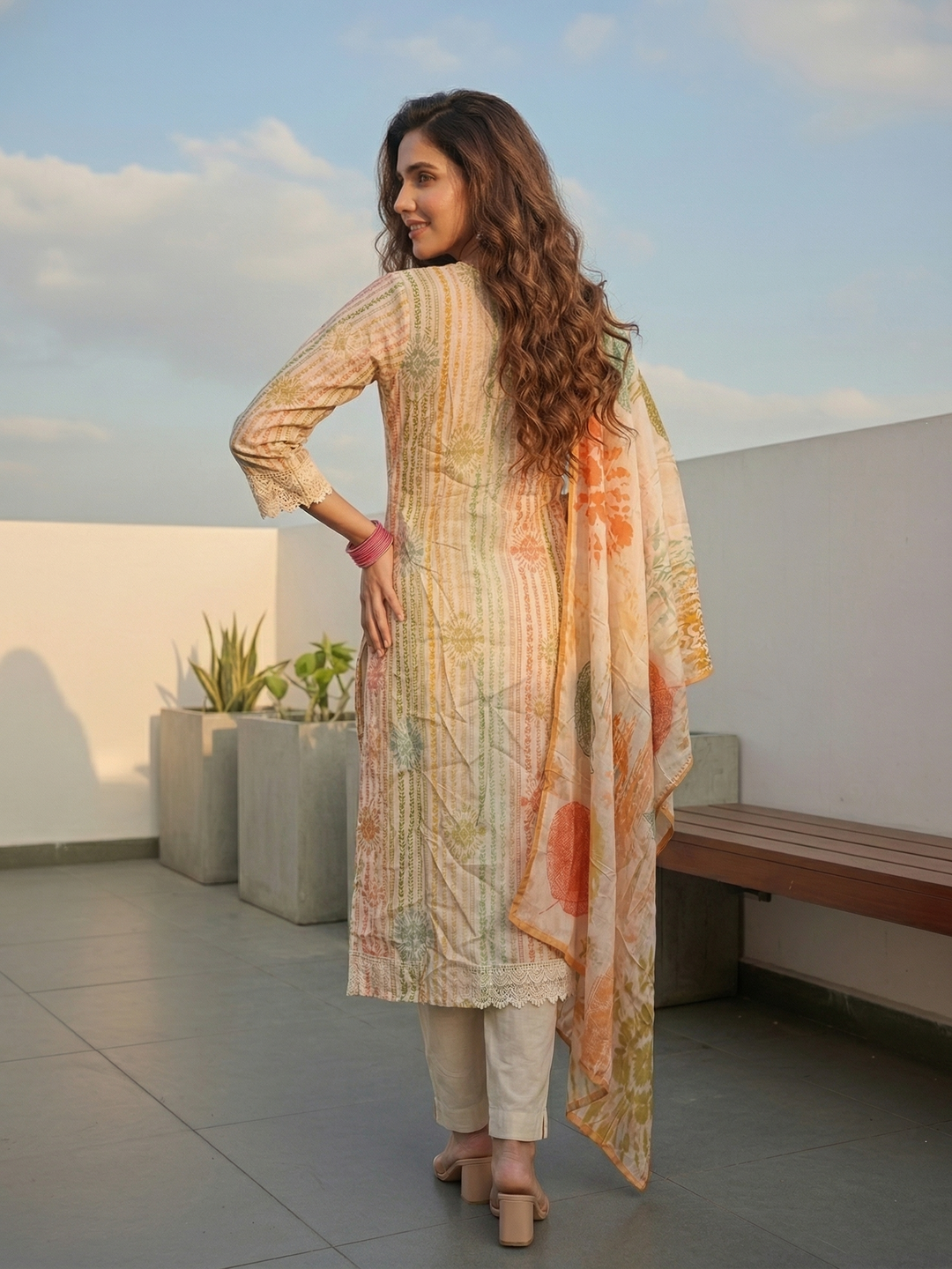 Floral Printed Straight Kurta with Pant & Dupatta - Cream