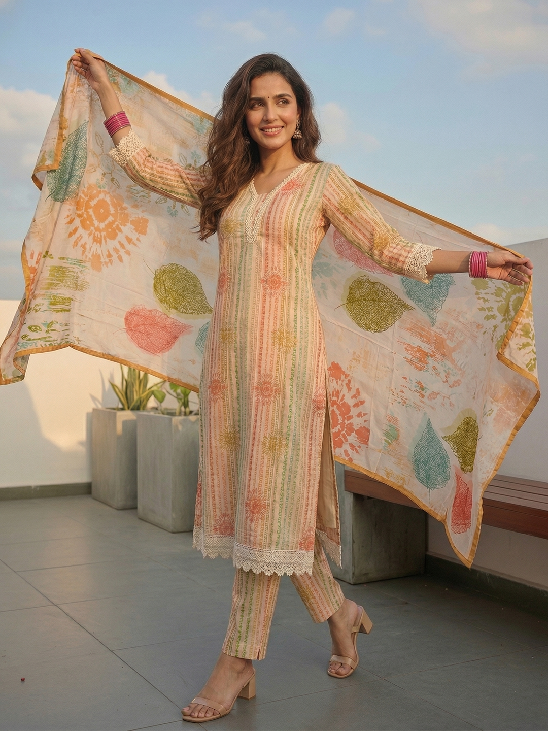 Floral Printed Straight Kurta with Pant & Dupatta - Cream