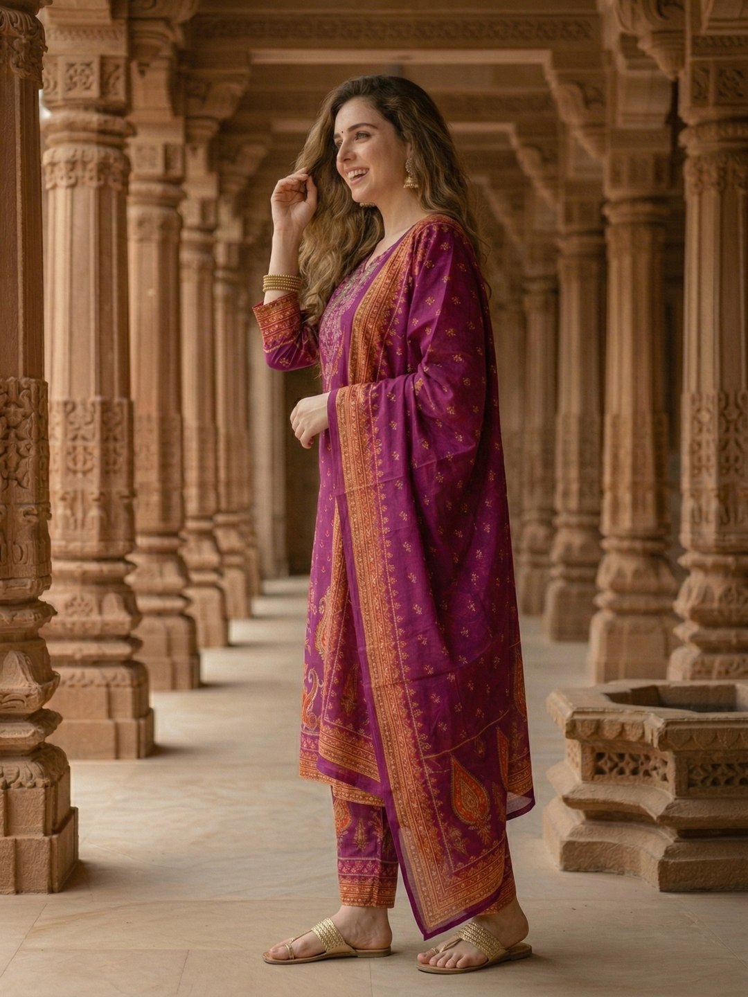 Ethnic Floral Printed Straight Kurta with Pant & Dupatta - Purple
