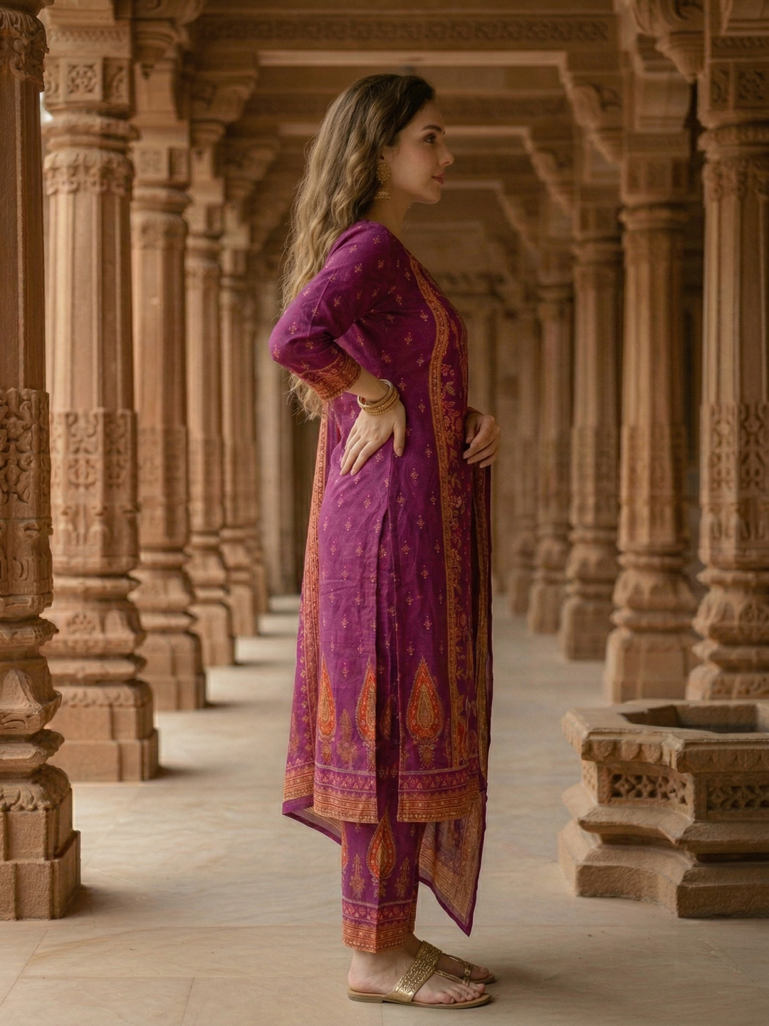 Ethnic Floral Printed Straight Kurta with Pant & Dupatta - Purple