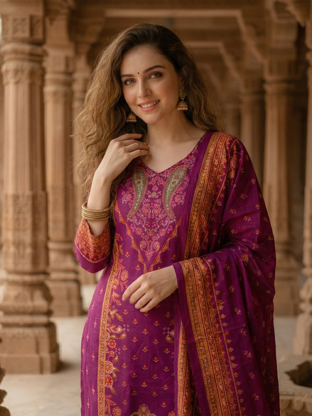 Ethnic Floral Printed Straight Kurta with Pant & Dupatta - Purple