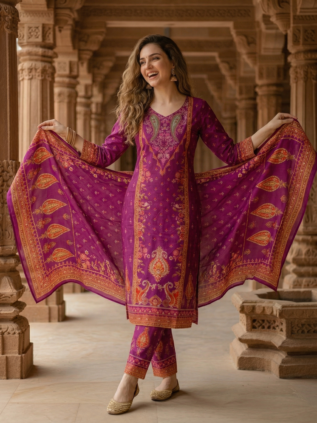 Ethnic Floral Printed Straight Kurta with Pant & Dupatta - Purple