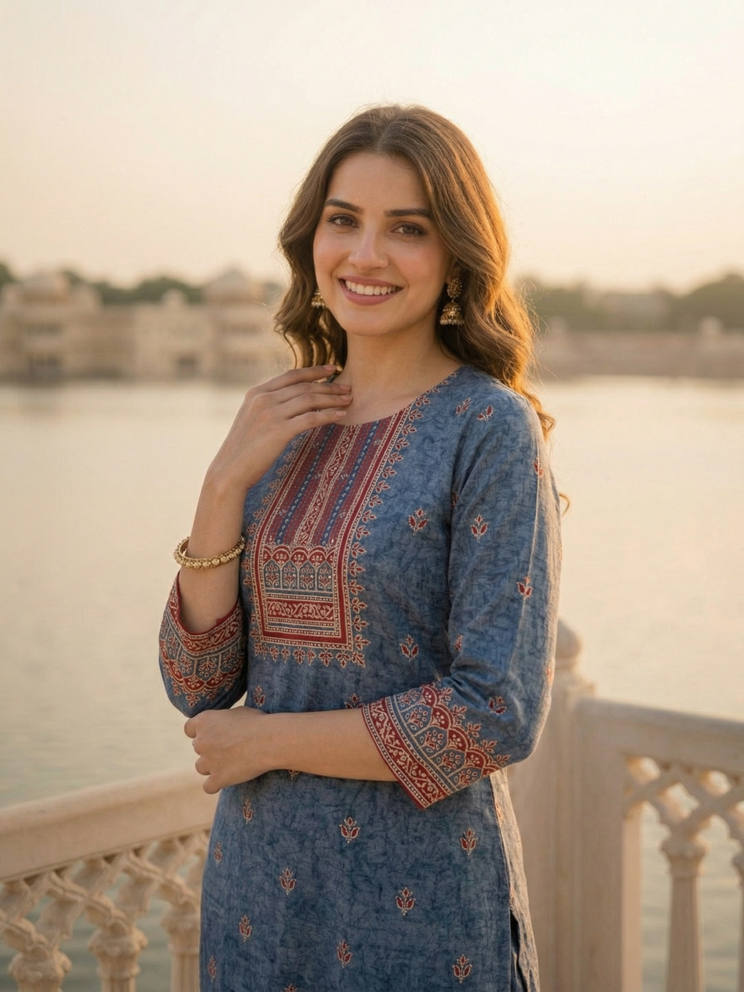 Ethnic Printed & Mirror Work Straight Kurta with Pant & Dupatta - Steel Blue