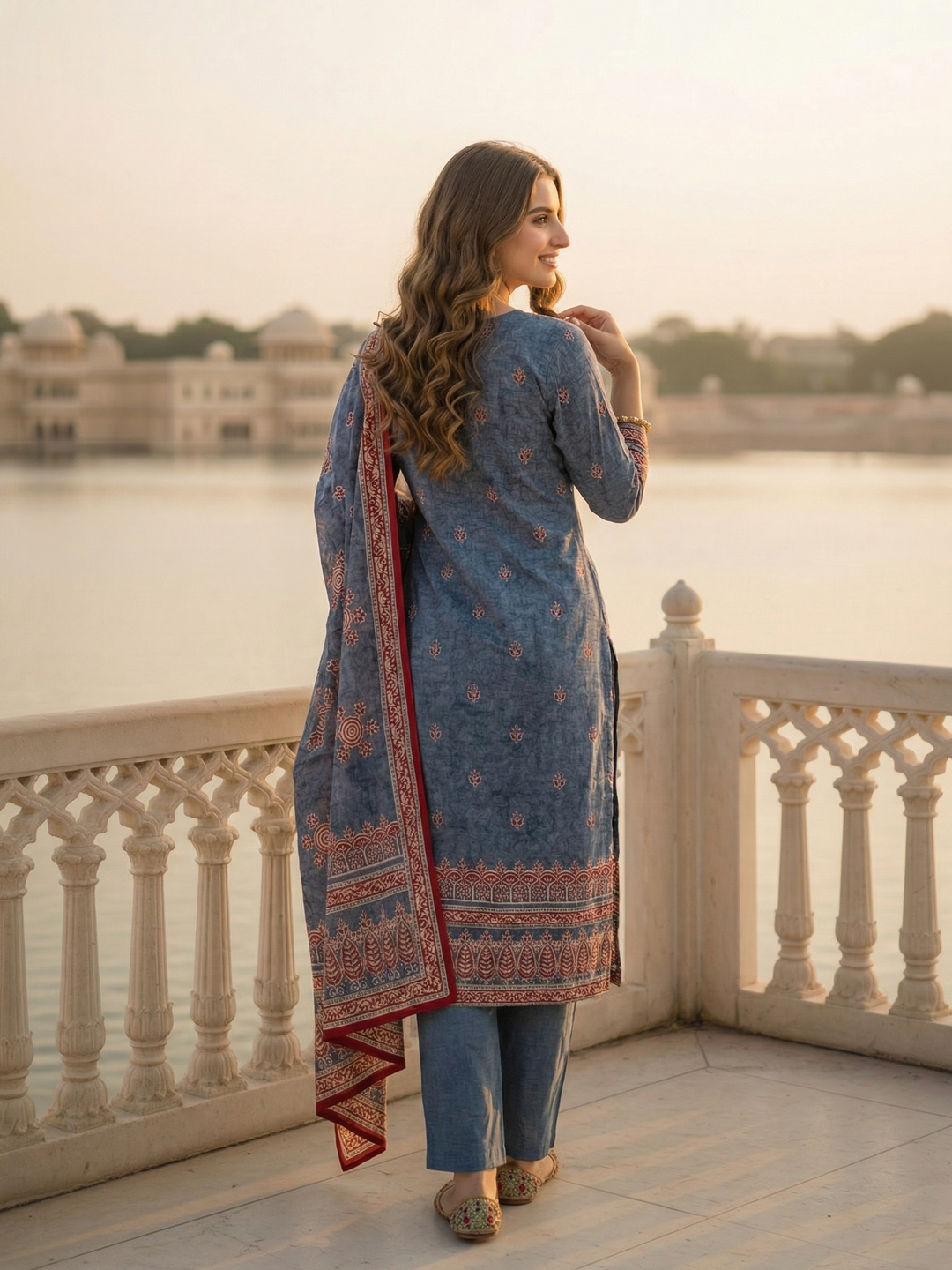 Ethnic Printed & Mirror Work Straight Kurta with Pant & Dupatta - Steel Blue