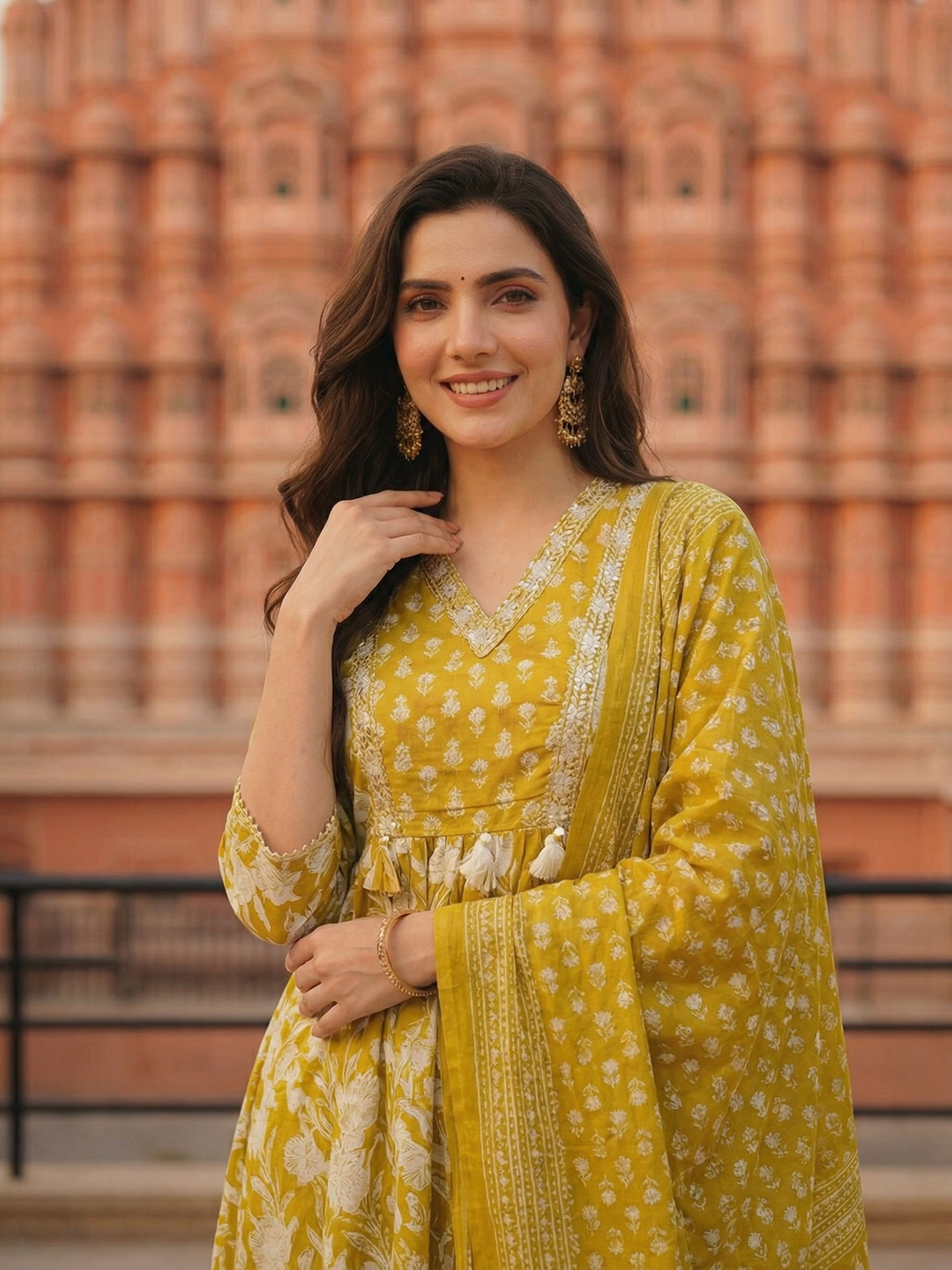 Ethnic Printed & Mirror Work A-Line Kurta with Pant & Dupatta - Lime Green