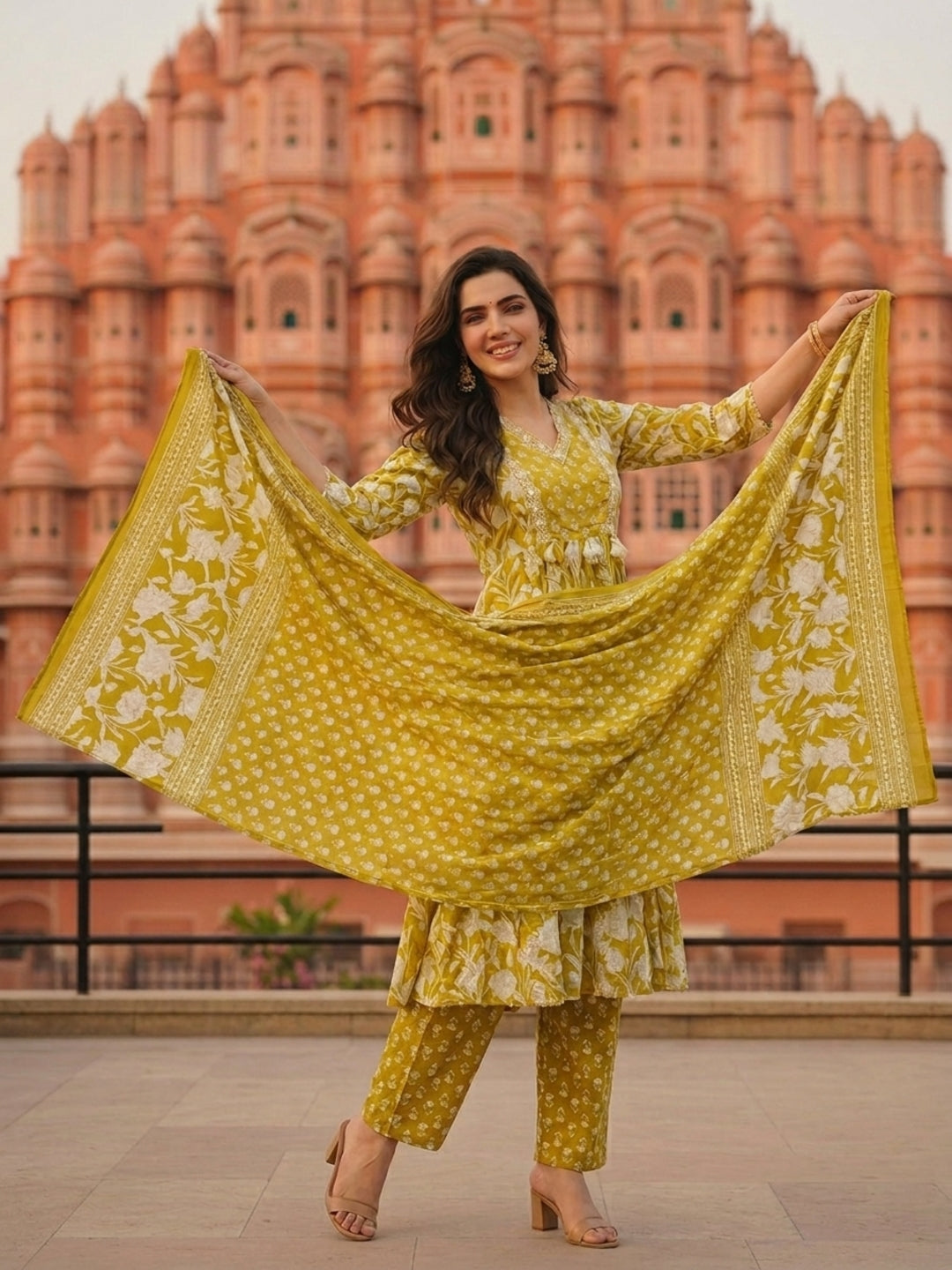 Ethnic Printed & Mirror Work A-Line Kurta with Pant & Dupatta - Lime Green