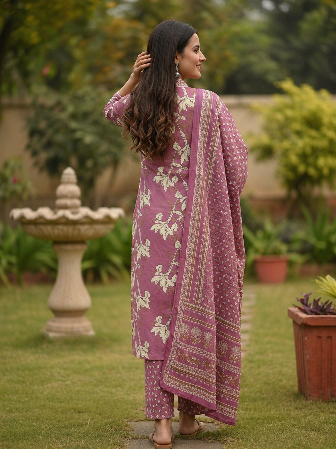 Floral Printed & Embroidered A-Line Kurta with Pant & Dupatta - Mauve