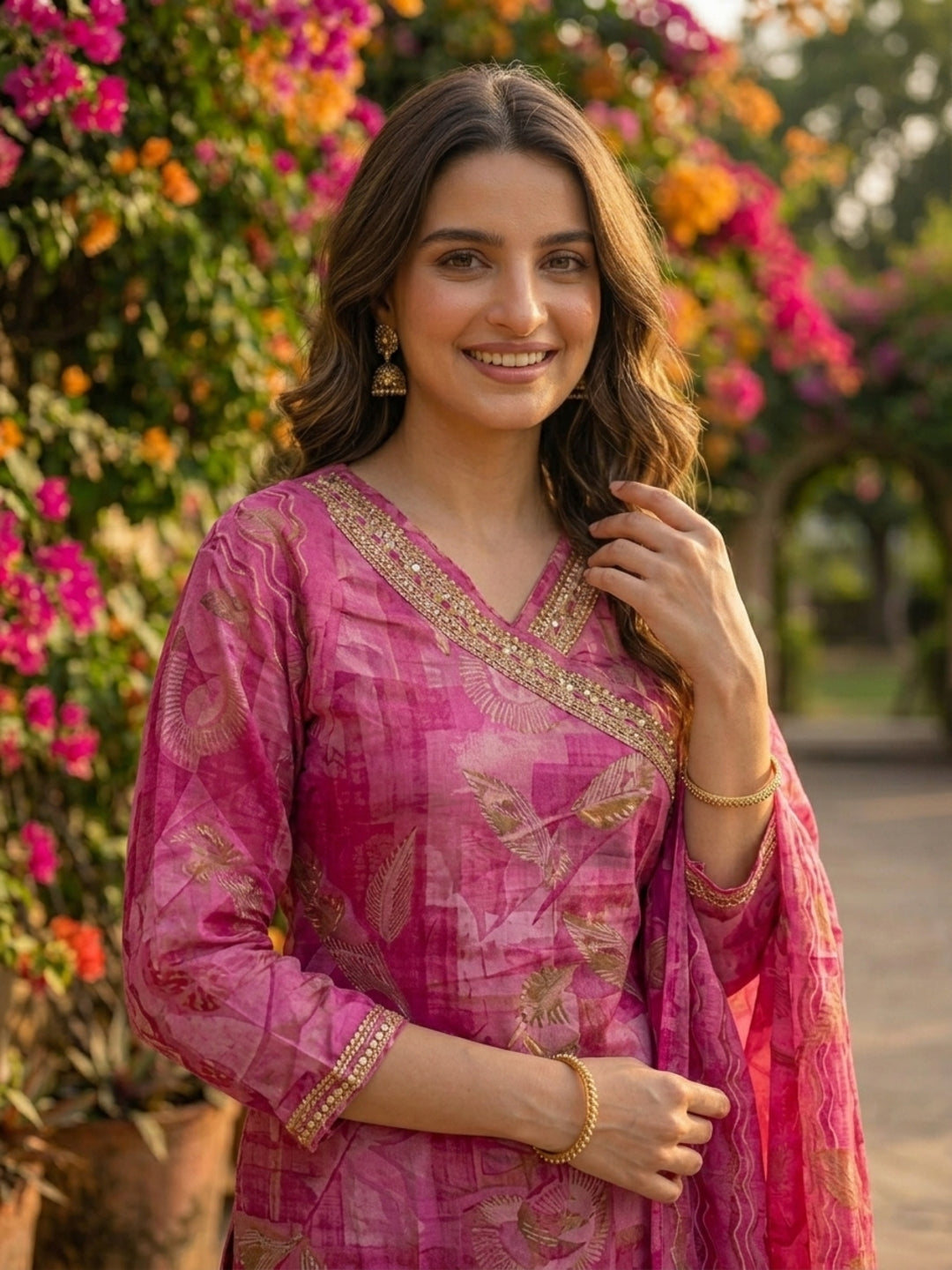 Abstract Leaf Printed & Embroidered Straight Kurta with Pant & Dupatta - Pink