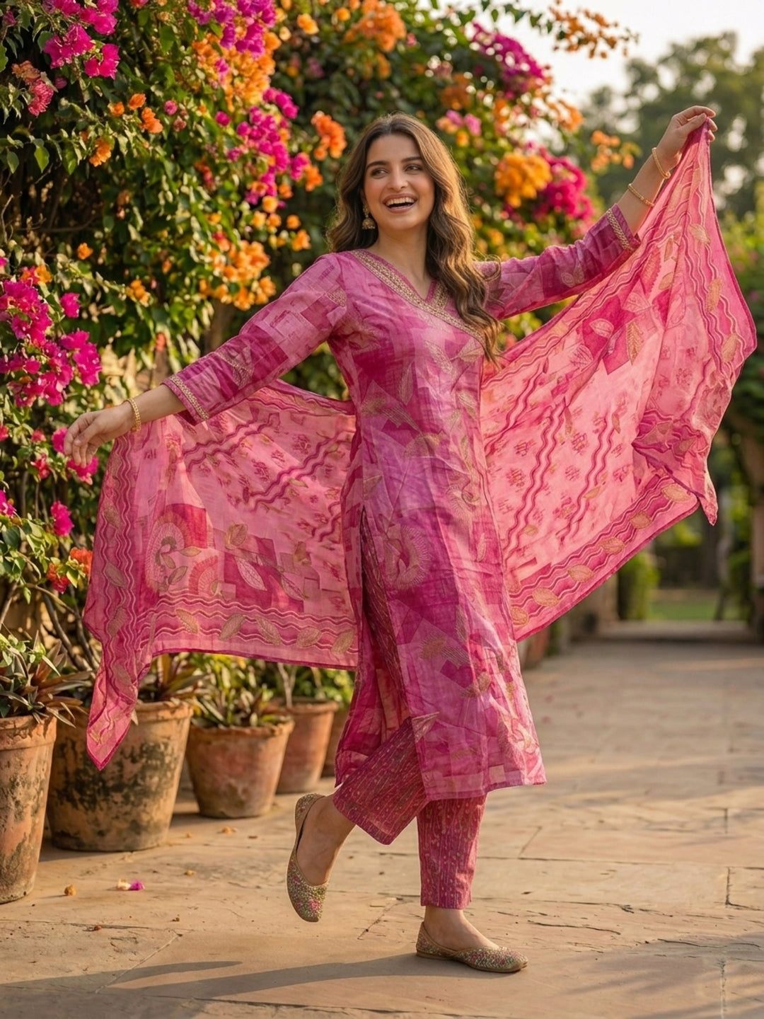 Abstract Leaf Printed & Embroidered Straight Kurta with Pant & Dupatta - Pink