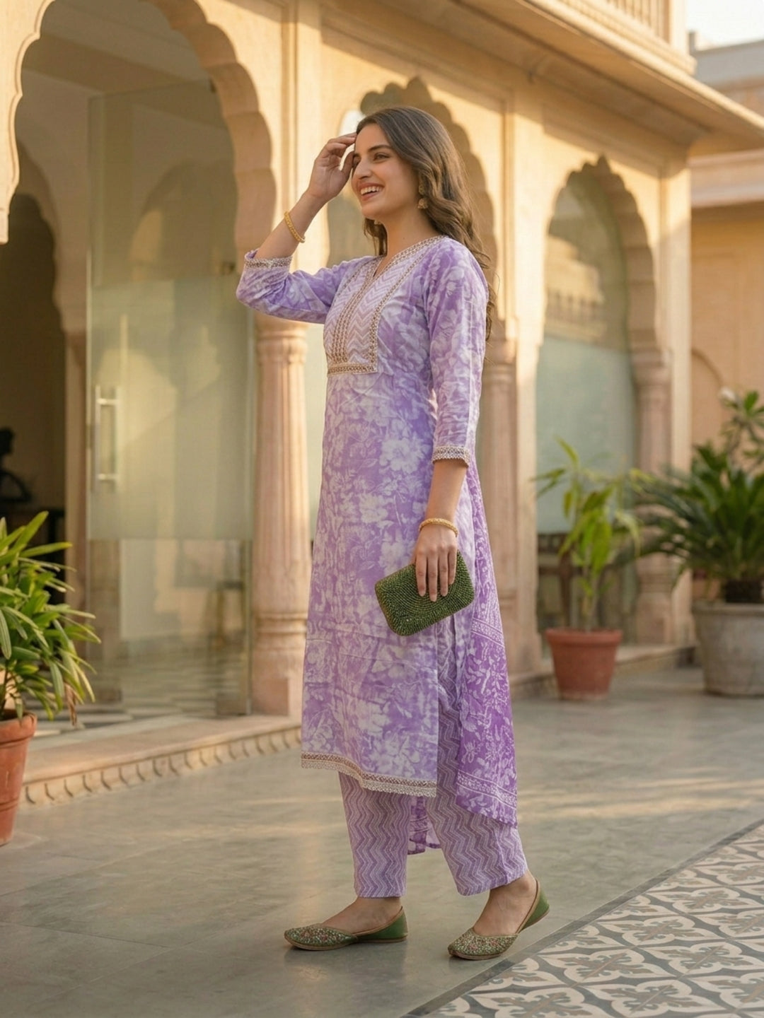Floral Printed Mirror Work & Embroidered Straight Kurta with Pant & Dupatta - Lavender