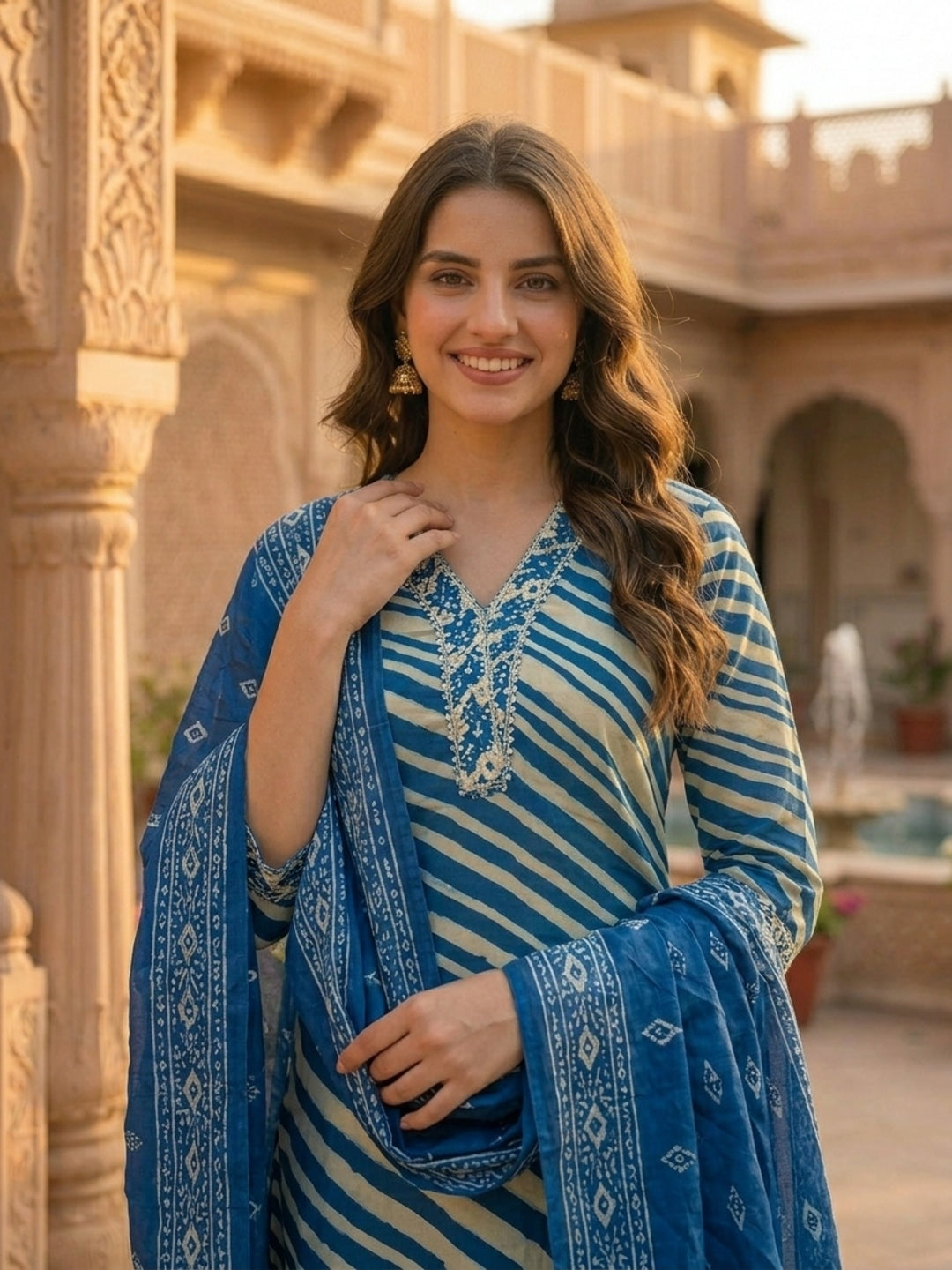 Leheriya Printed & Embroidered Straight Kurta with Palazzo & Dupatta - Blue