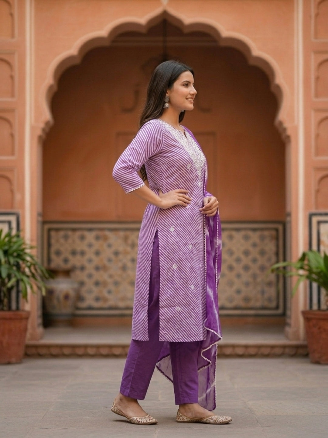 Lehariya Printed & Embroidered Yoke Straight Kurta with Pant & Dupatta - Lavender