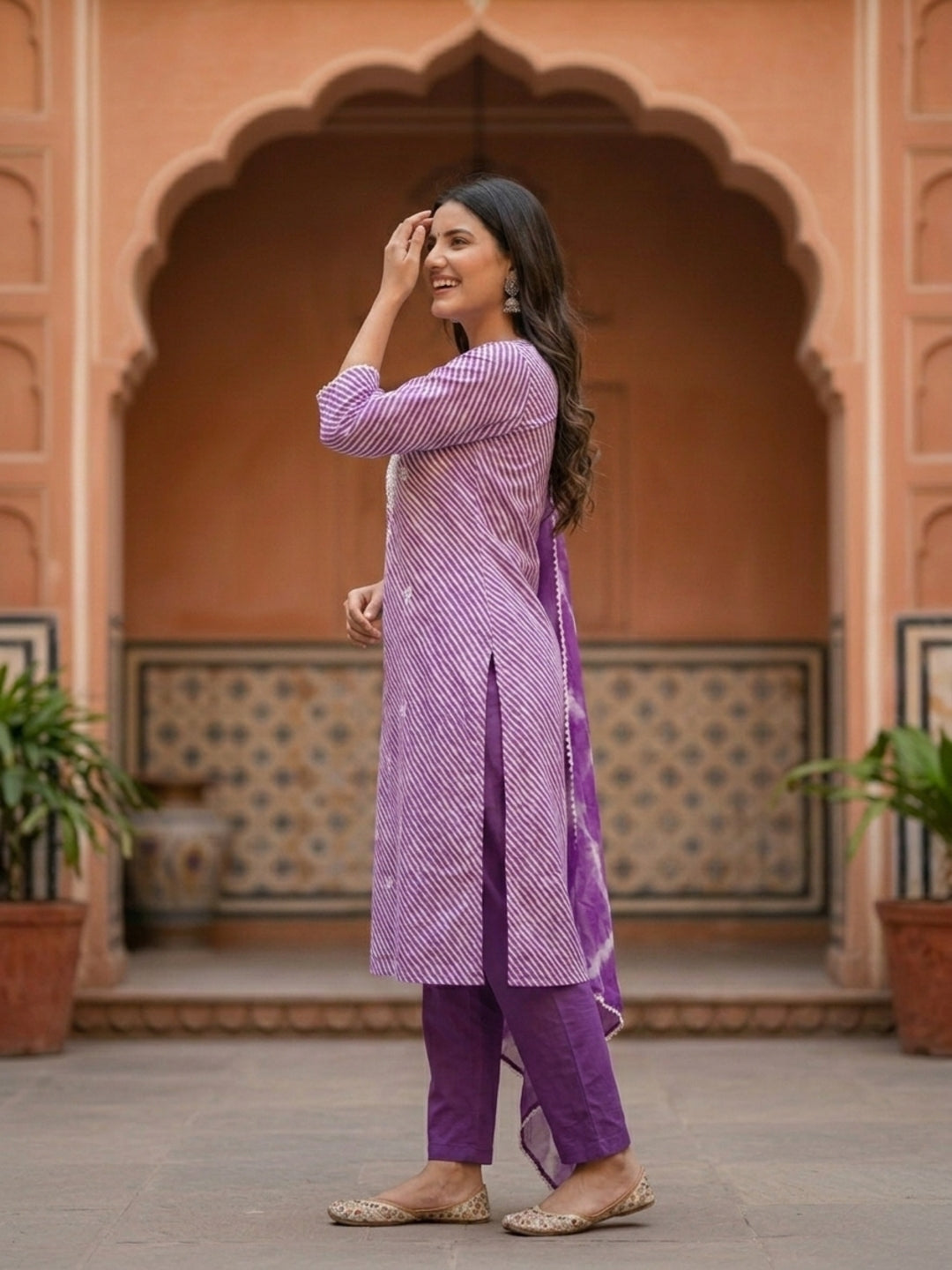 Lehariya Printed & Embroidered Yoke Straight Kurta with Pant & Dupatta - Lavender