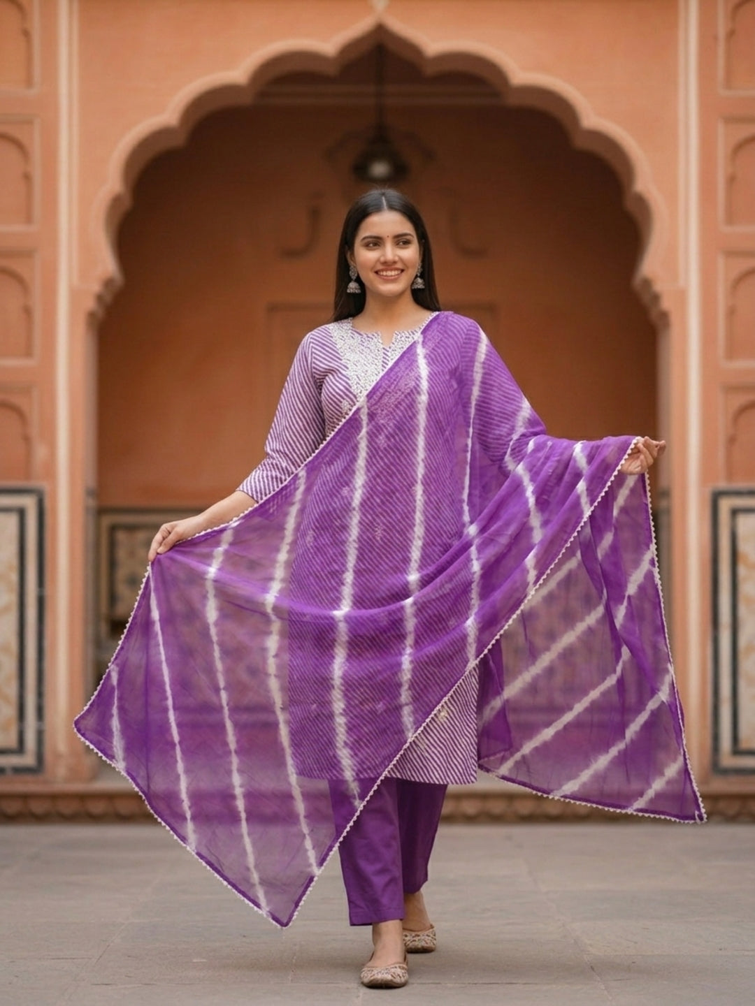 Lehariya Printed & Embroidered Yoke Straight Kurta with Pant & Dupatta - Lavender