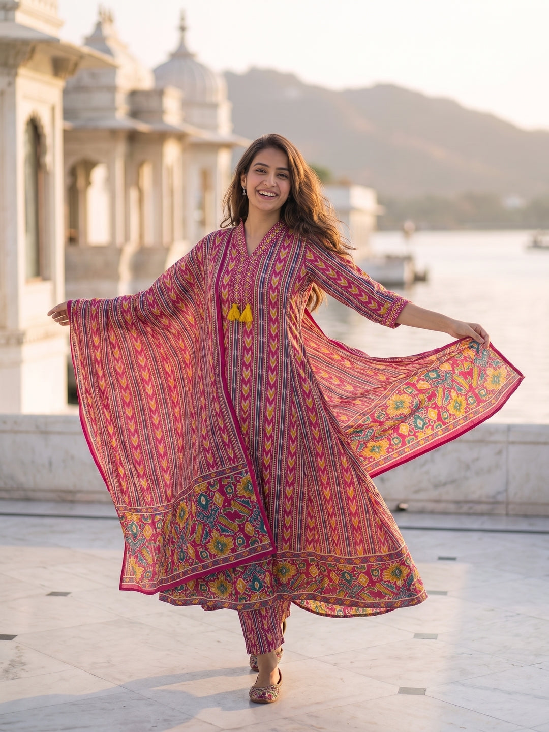 Ethnic Geometric & Floral Printed Straight Kurta with Pant & Dupatta - Fuchsia Pink
