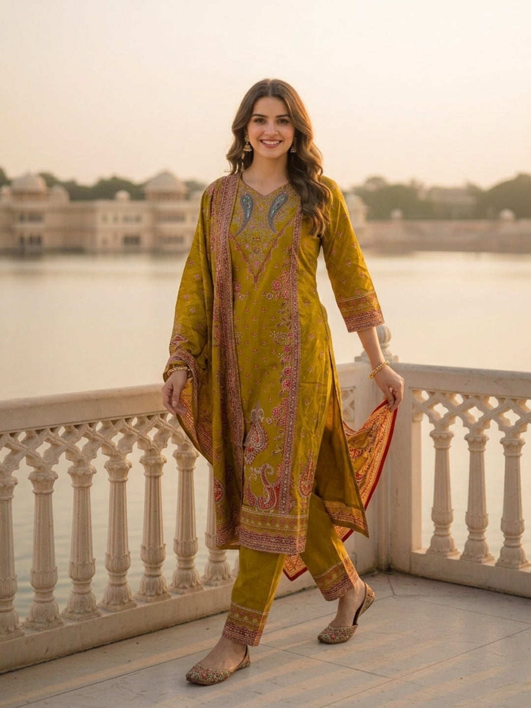 Ethnic Floral Printed Straight Kurta with Pant & Dupatta - Olive Green