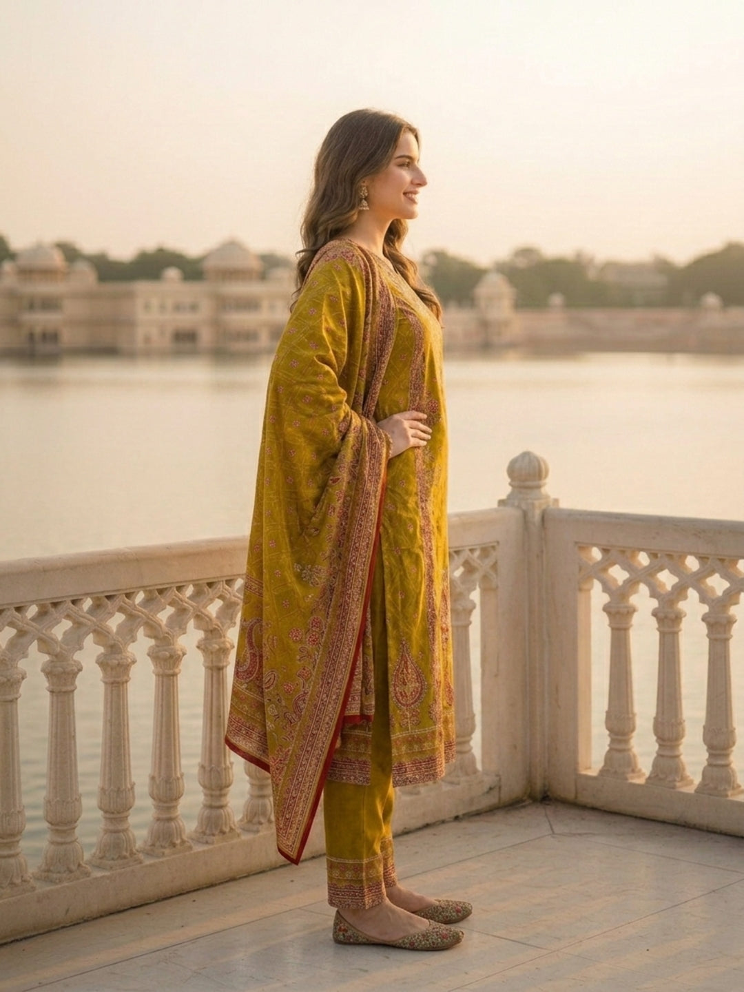 Ethnic Floral Printed Straight Kurta with Pant & Dupatta - Olive Green