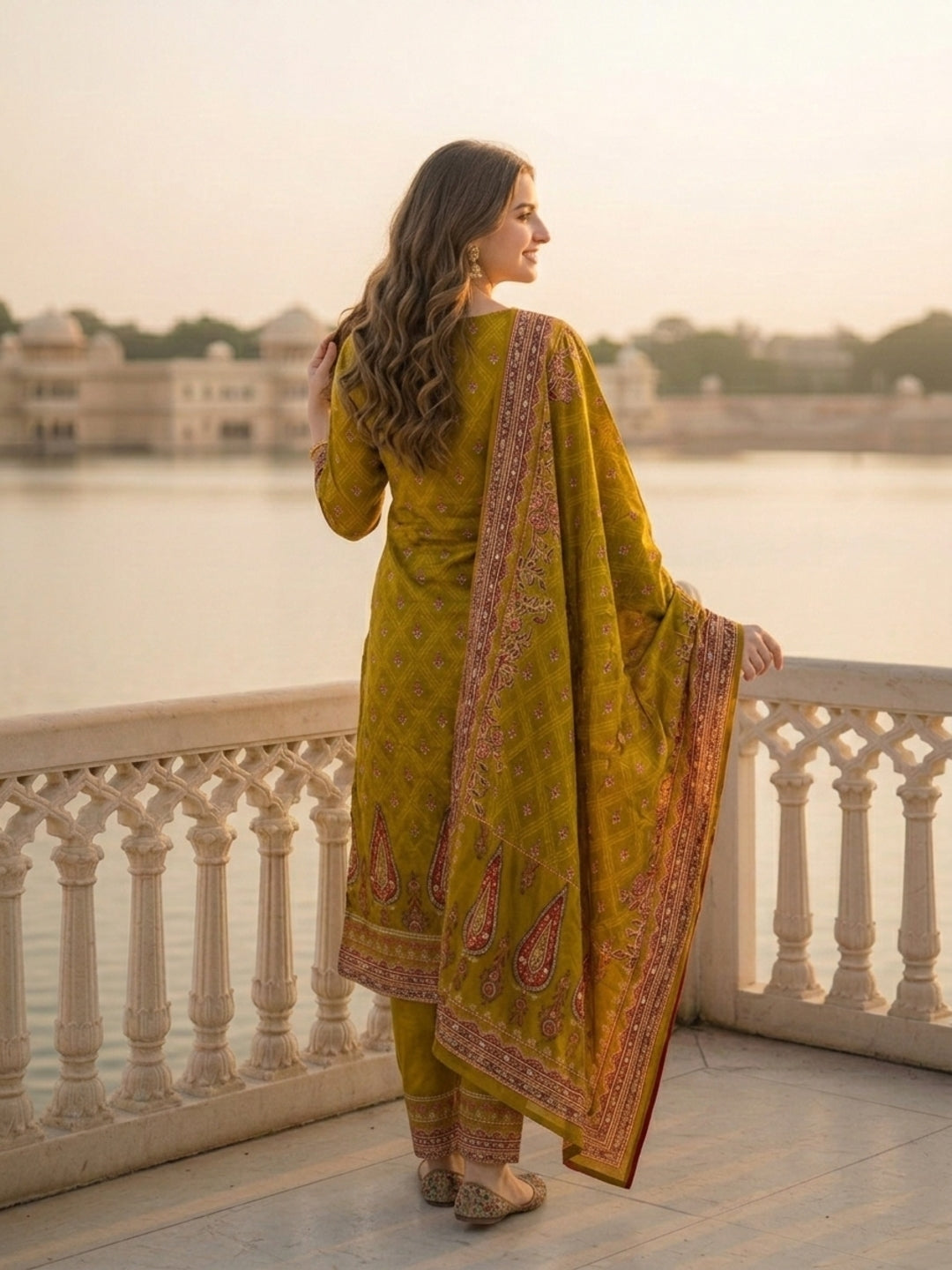 Ethnic Floral Printed Straight Kurta with Pant & Dupatta - Olive Green