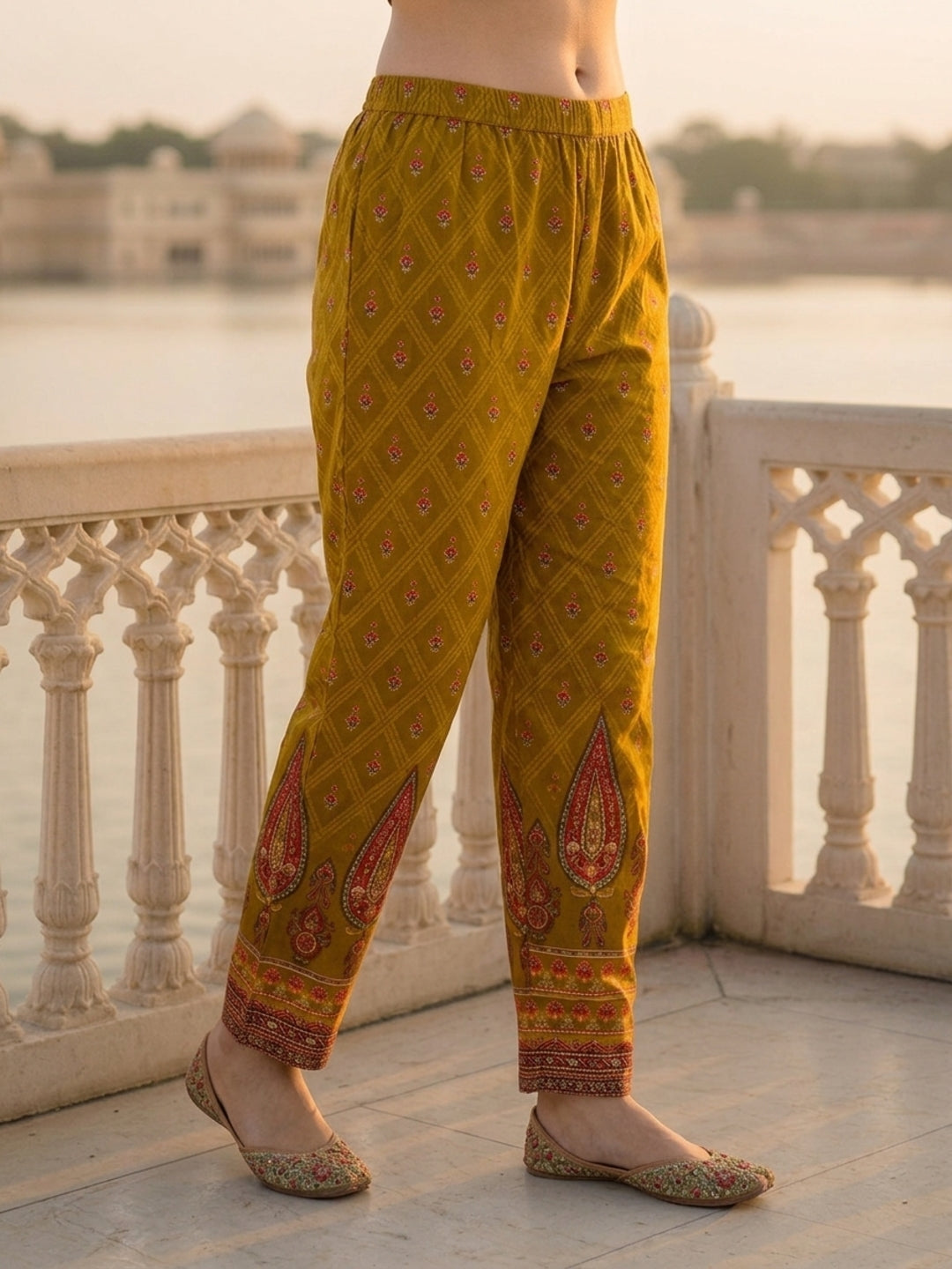 Ethnic Floral Printed Straight Kurta with Pant & Dupatta - Olive Green