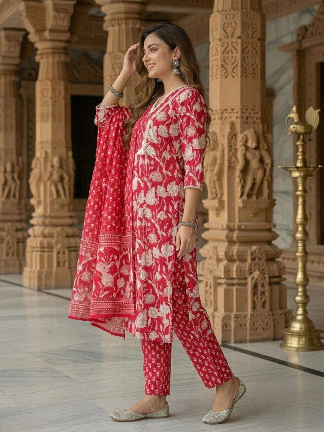 Ethnic Floral Printed & Embroidered A-Line Kurta with Pant & Dupatta - Red