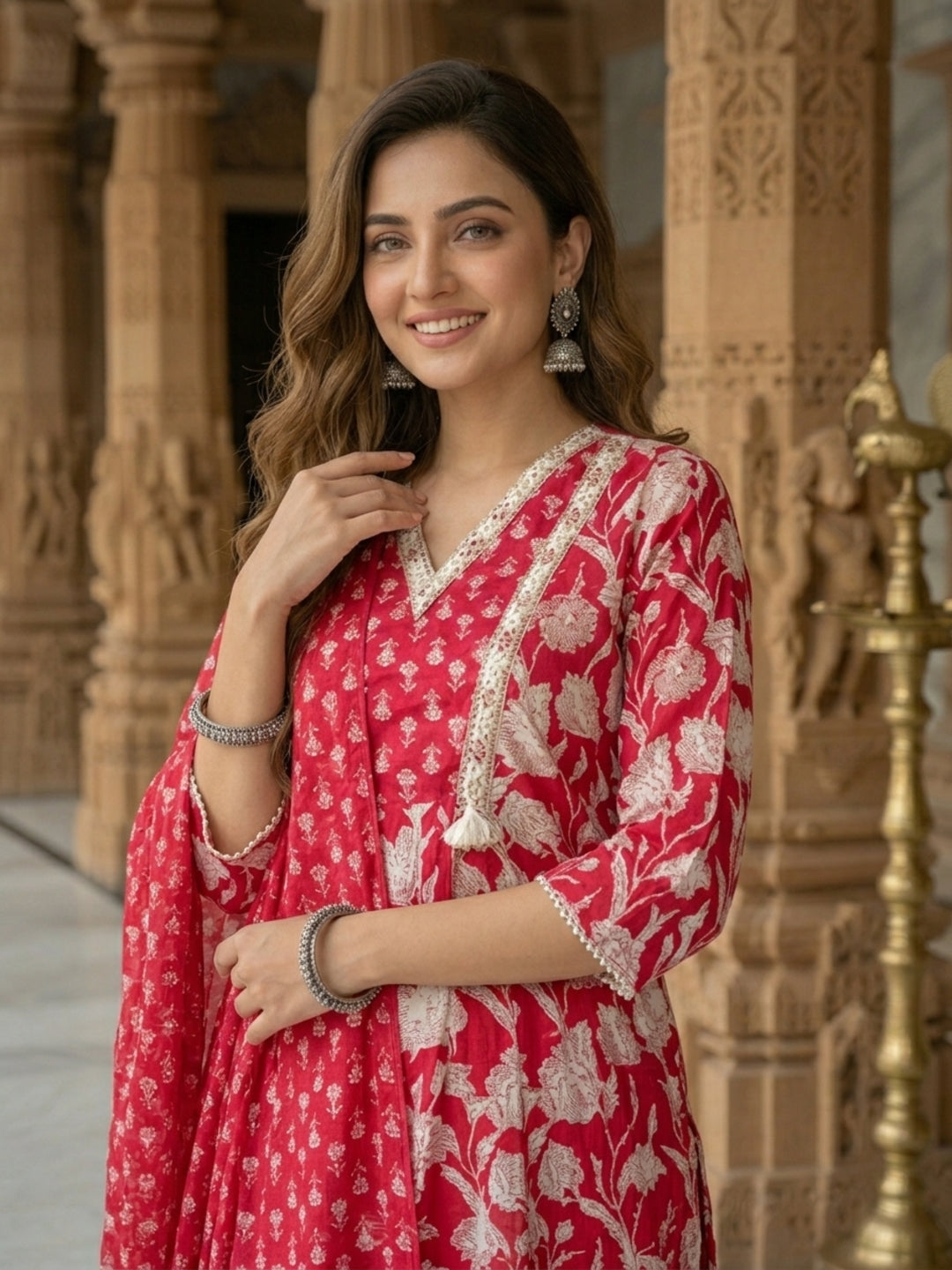 Ethnic Floral Printed & Embroidered A-Line Kurta with Pant & Dupatta - Red