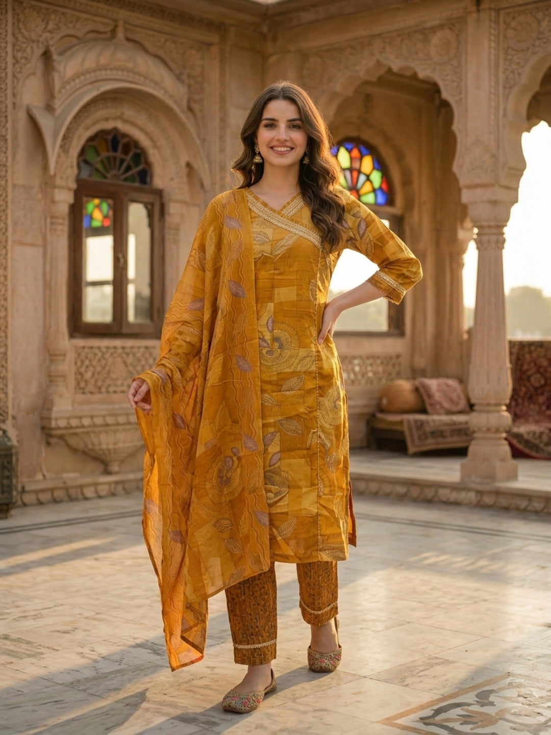 Abstract Leaf Printed & Mirror Work Straight Kurta with Pant & Dupatta - Mustard