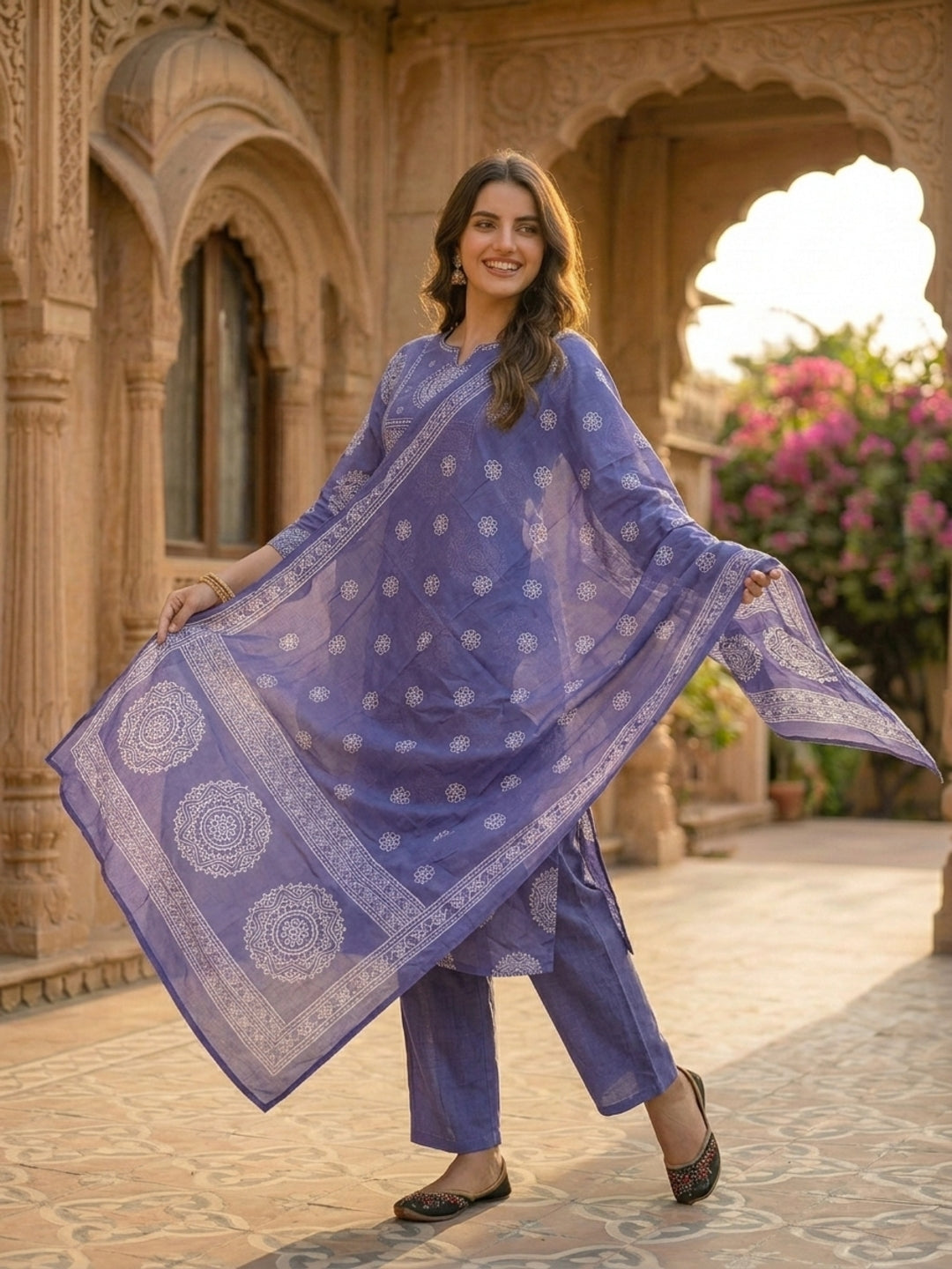Ethnic Printed & Mirror Work Straight Kurta with Pant & Dupatta - Purple