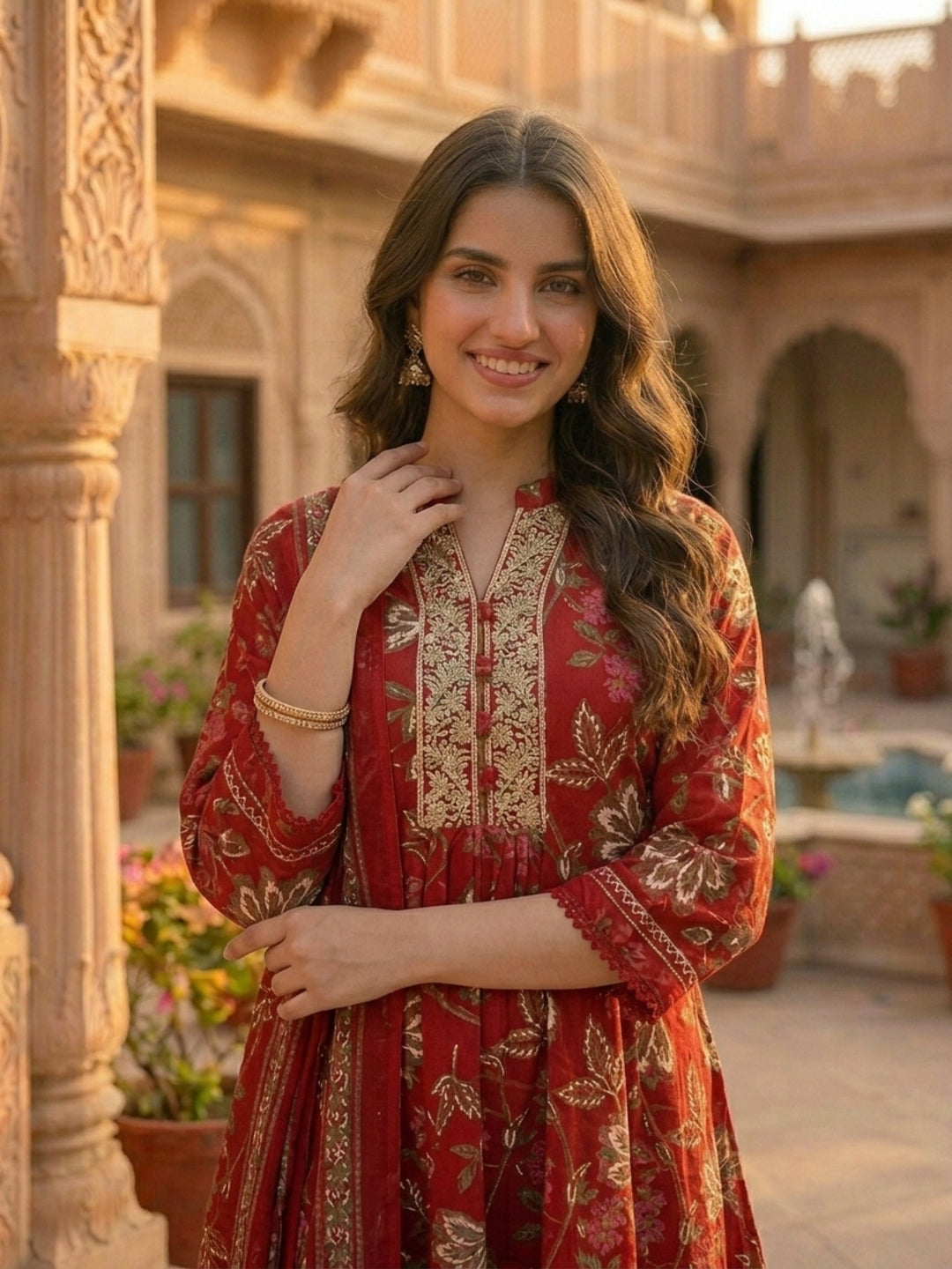 Floral Printed & Embroidered Anarkali Kurta with Pant & Dupatta - Red