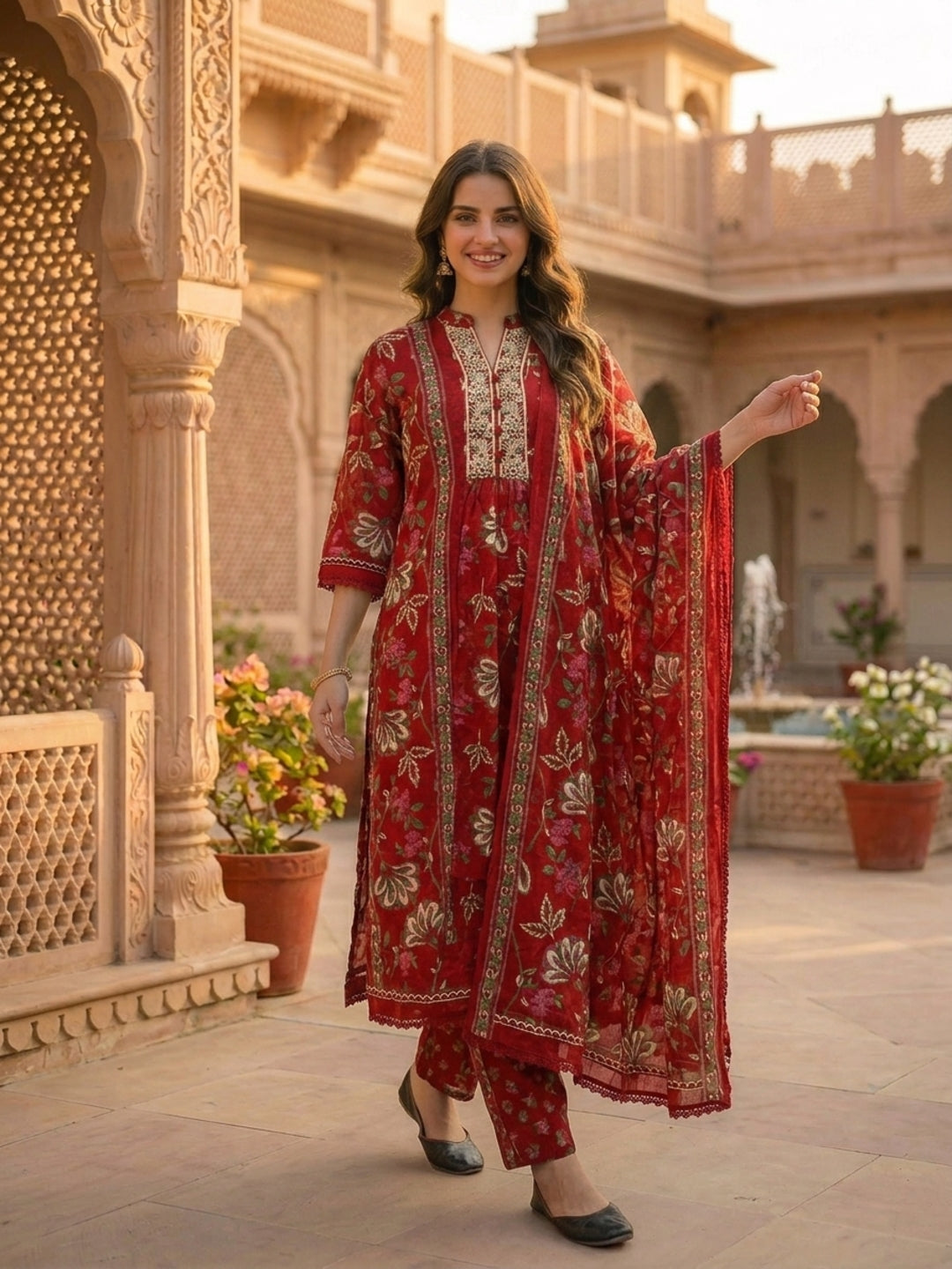 Floral Printed & Embroidered Anarkali Kurta with Pant & Dupatta - Red