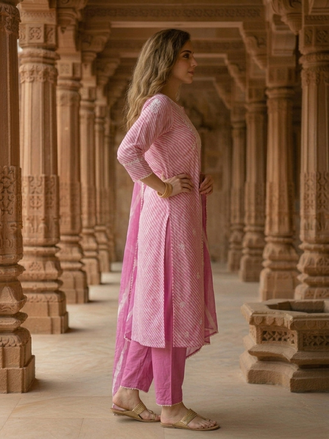 Lehariya Printed & Embroidered Yoke Straight Kurta with Pant & Dupatta - Pink