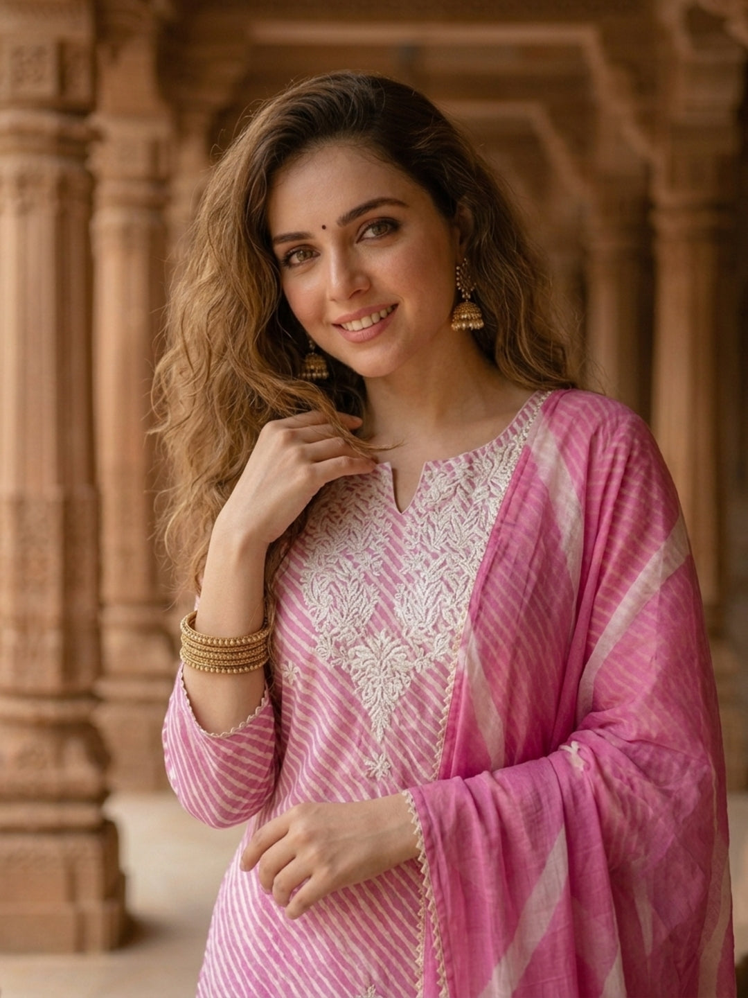Lehariya Printed & Embroidered Yoke Straight Kurta with Pant & Dupatta - Pink