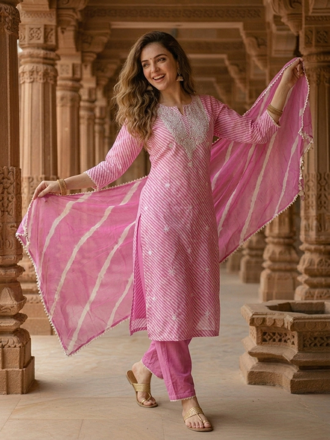 Lehariya Printed & Embroidered Yoke Straight Kurta with Pant & Dupatta - Pink