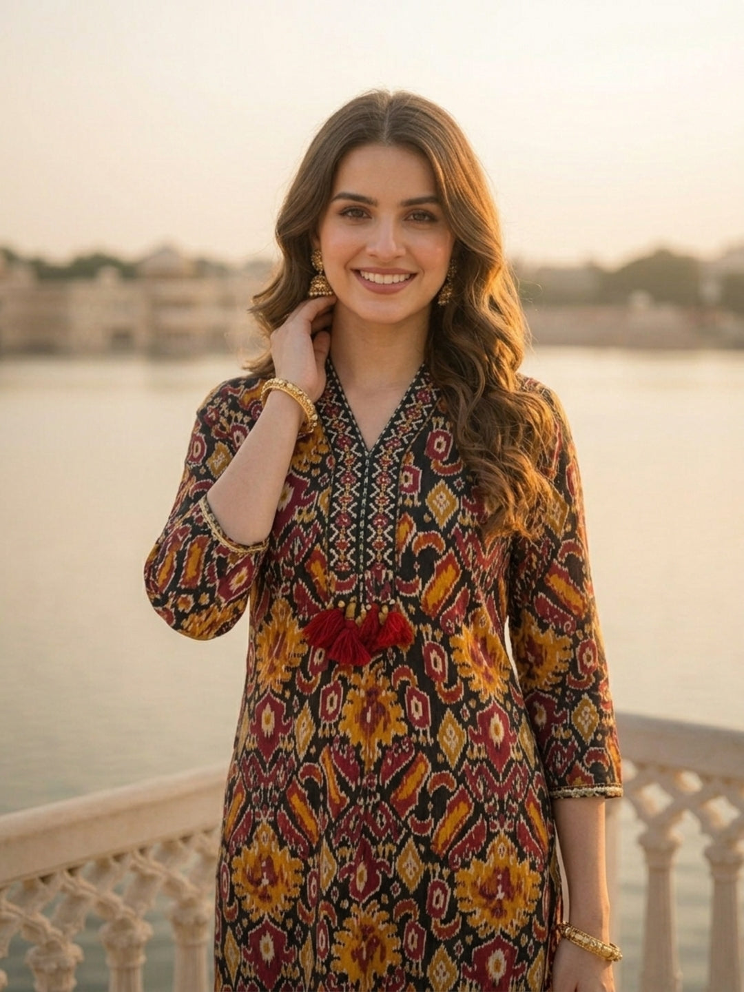 Ethnic Floral & Geometric Printed Straight Kurta with Pant & Dupatta - Black & Multicolour