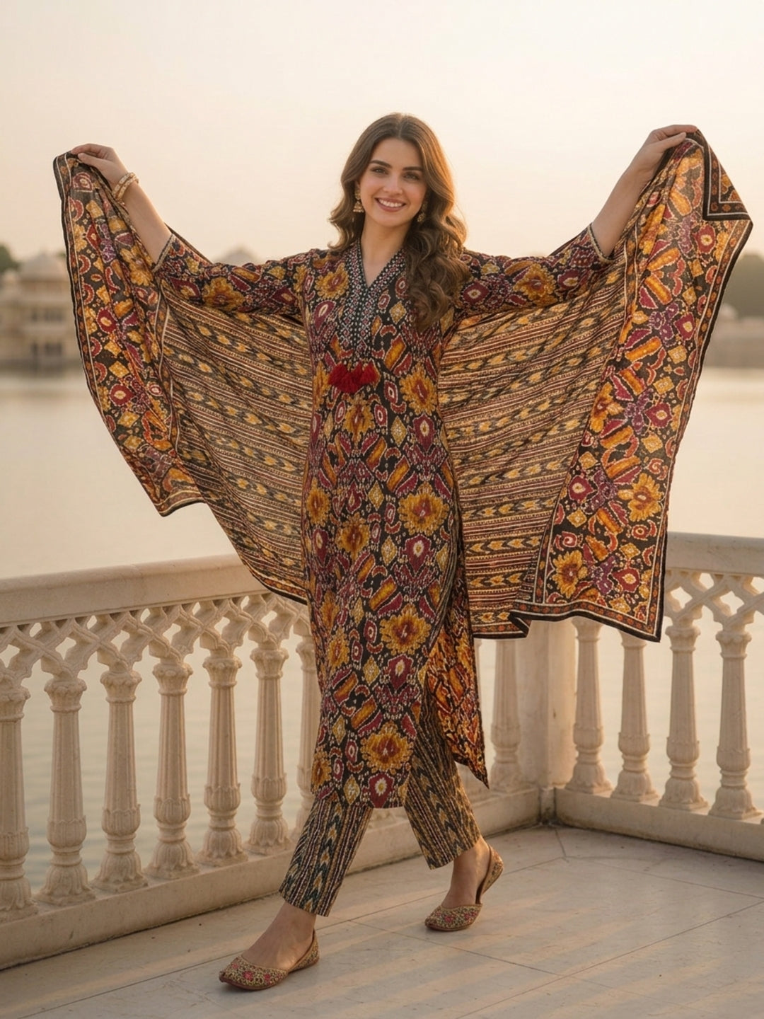 Ethnic Floral & Geometric Printed Straight Kurta with Pant & Dupatta - Black & Multicolour
