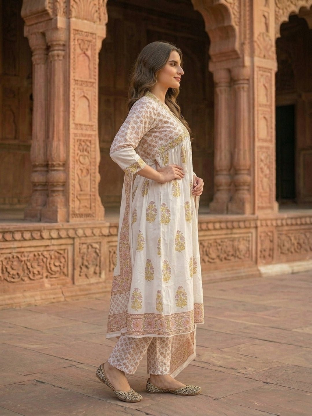 Mughal Print Empire Cut Cotton Kurta Set with Pant & Voile Dupatta - Peach